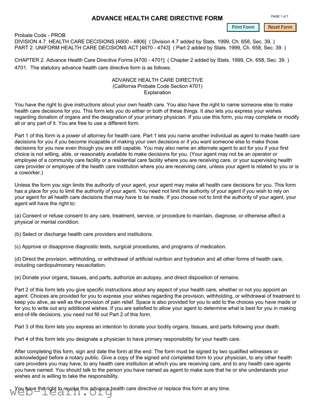 Blank California Advanced Health Care Directive Form