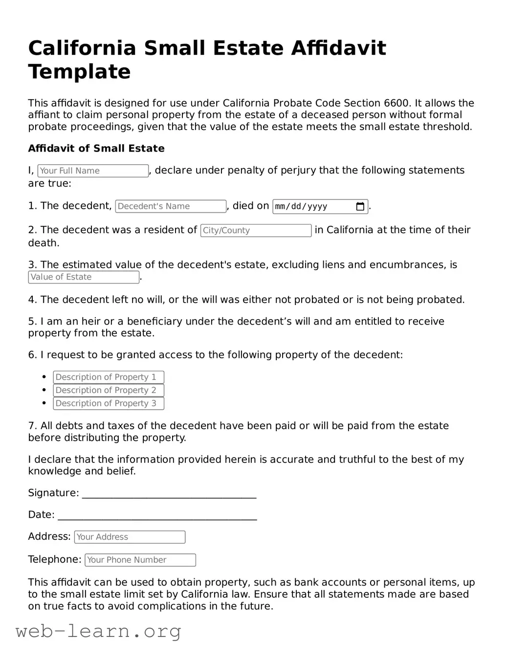 Attorney-Approved Small Estate Affidavit Document for the State of California