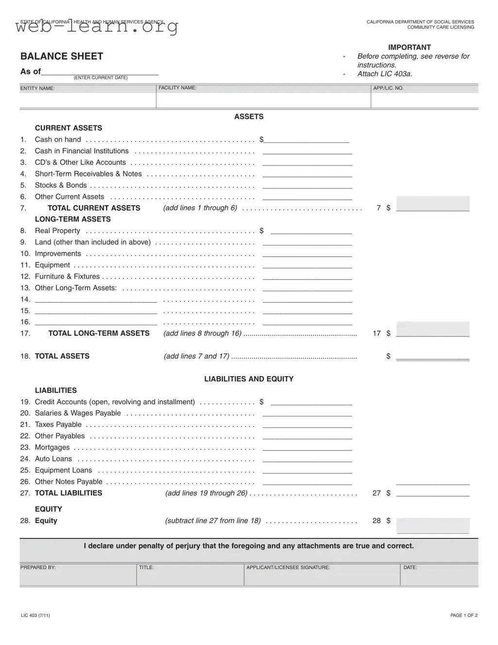 Blank California Balance Sheet Form