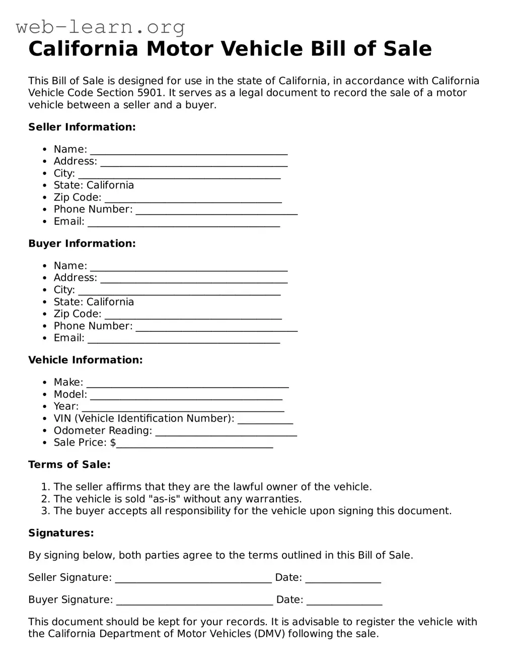 Attorney-Approved Motor Vehicle Bill of Sale Document for the State of California