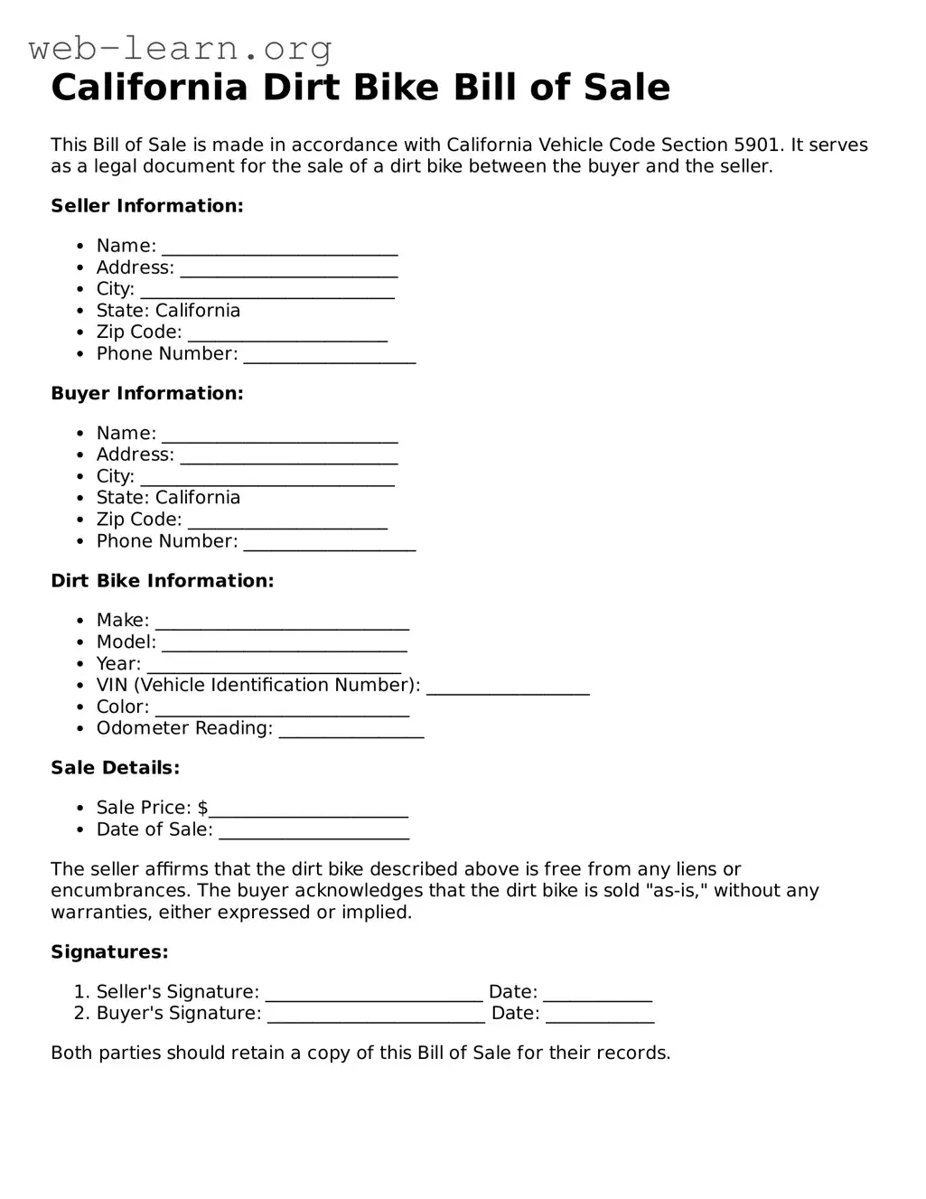 Attorney-Approved Dirt Bike Bill of Sale Document for the State of California