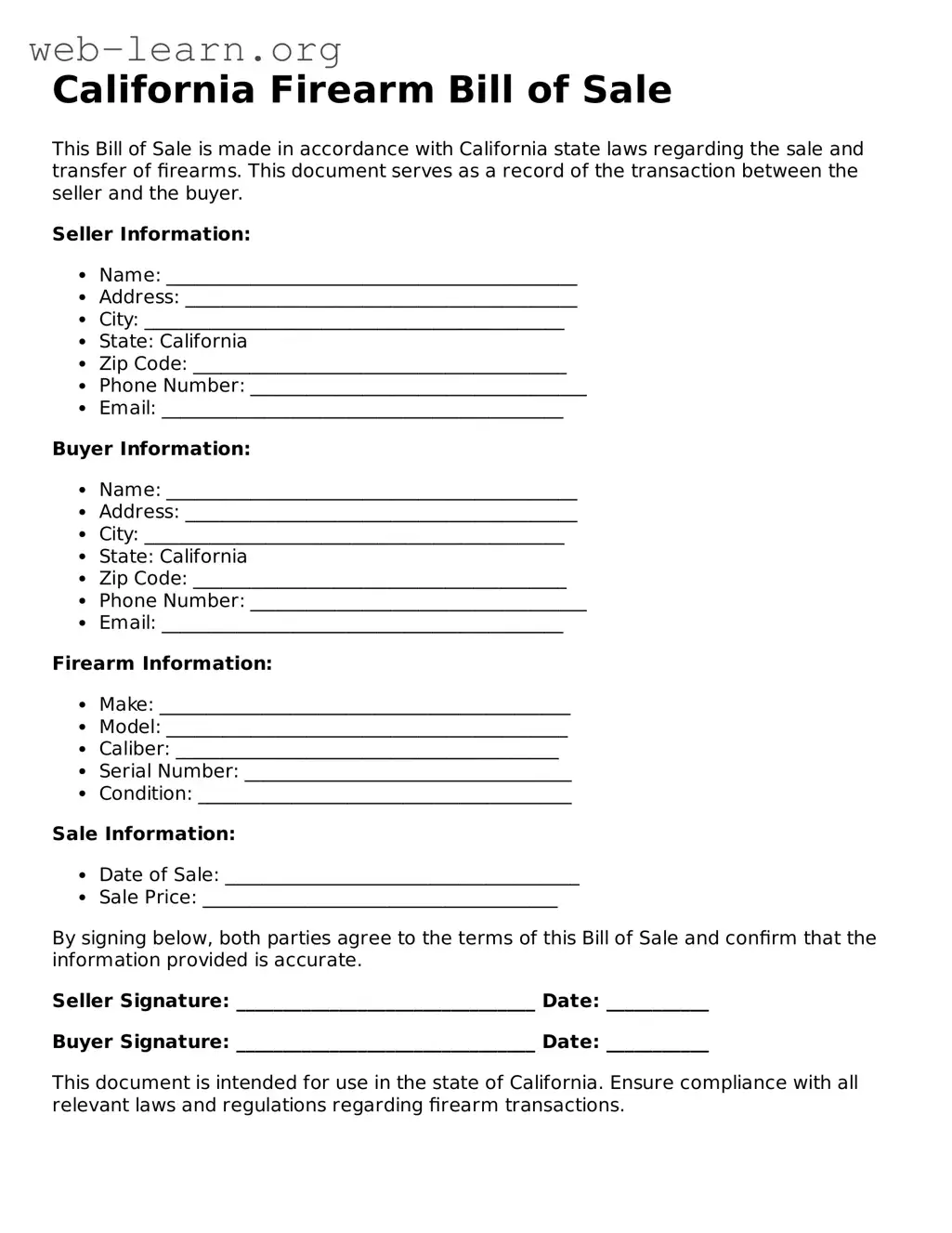 Attorney-Approved Firearm Bill of Sale Document for the State of California