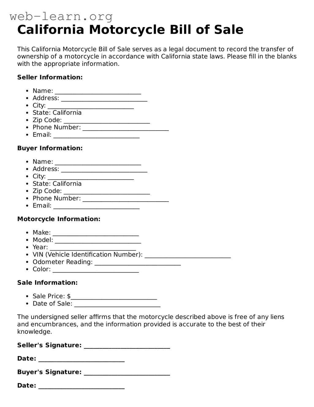 Attorney-Approved Motorcycle Bill of Sale Document for the State of California