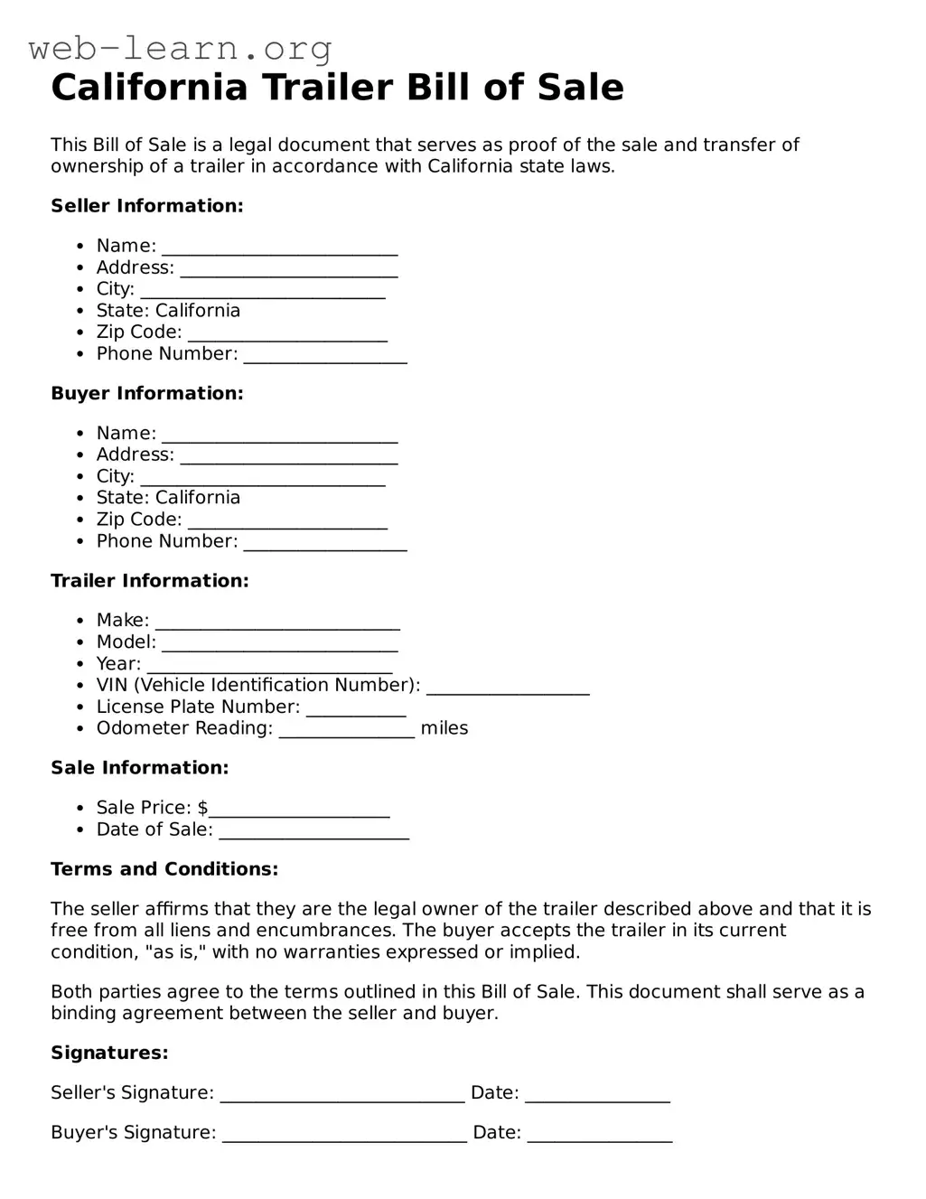 Attorney-Approved Trailer Bill of Sale Document for the State of California