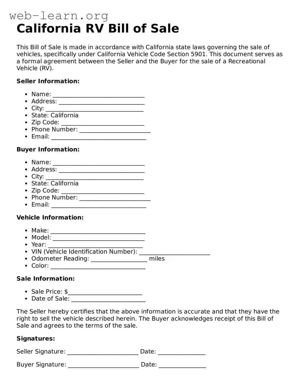 Attorney-Approved RV Bill of Sale Document for the State of California