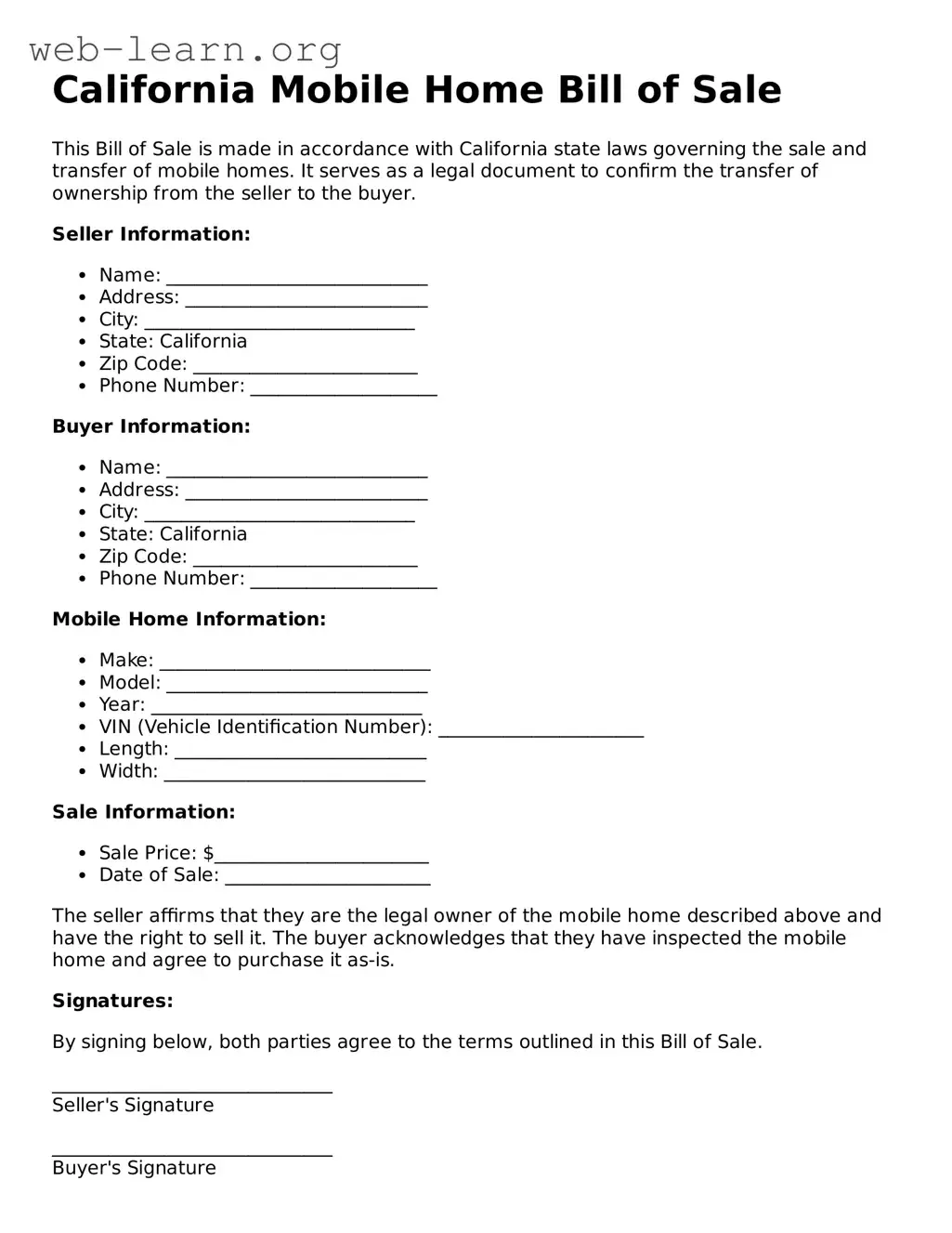 Attorney-Approved Mobile Home Bill of Sale Document for the State of California