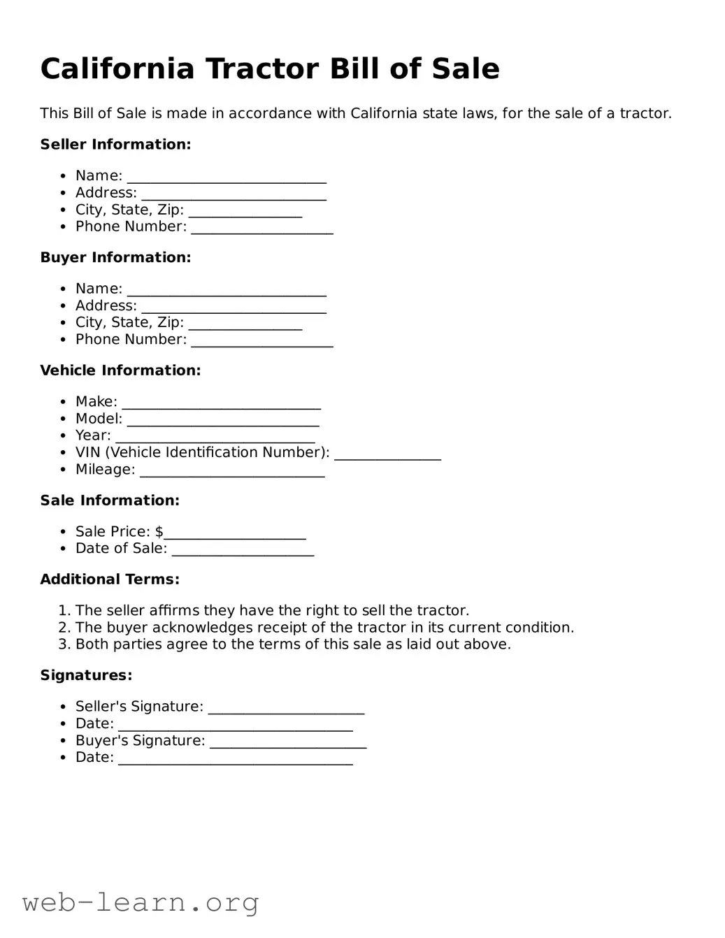 Attorney-Approved Tractor Bill of Sale Document for the State of California