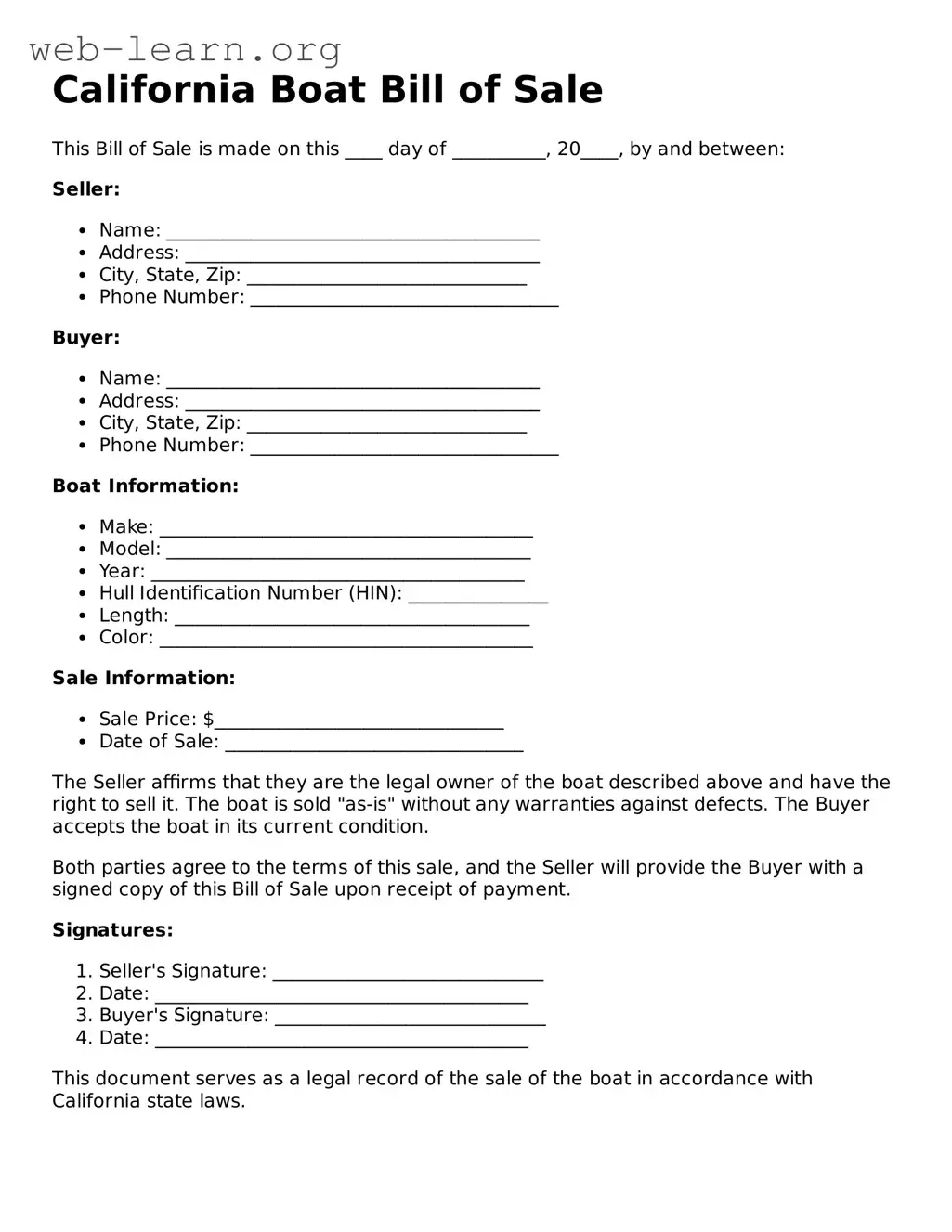 Attorney-Approved Boat Bill of Sale Document for the State of California