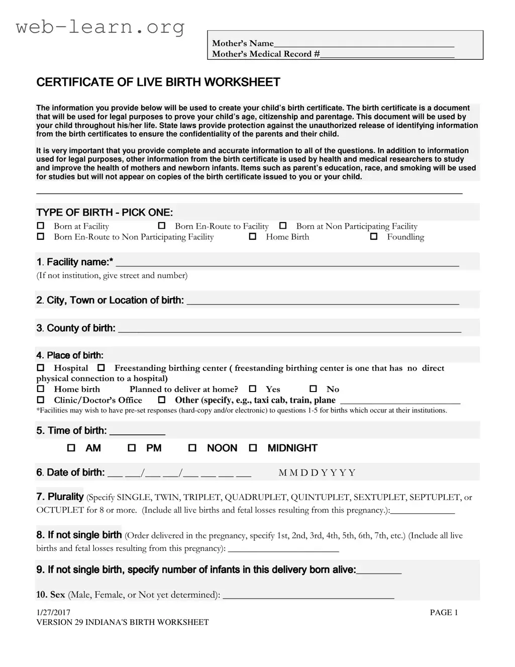 Blank California Birth Certificate Editable Free Form