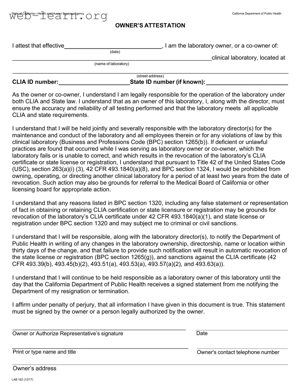 Blank California Lab 182 Form