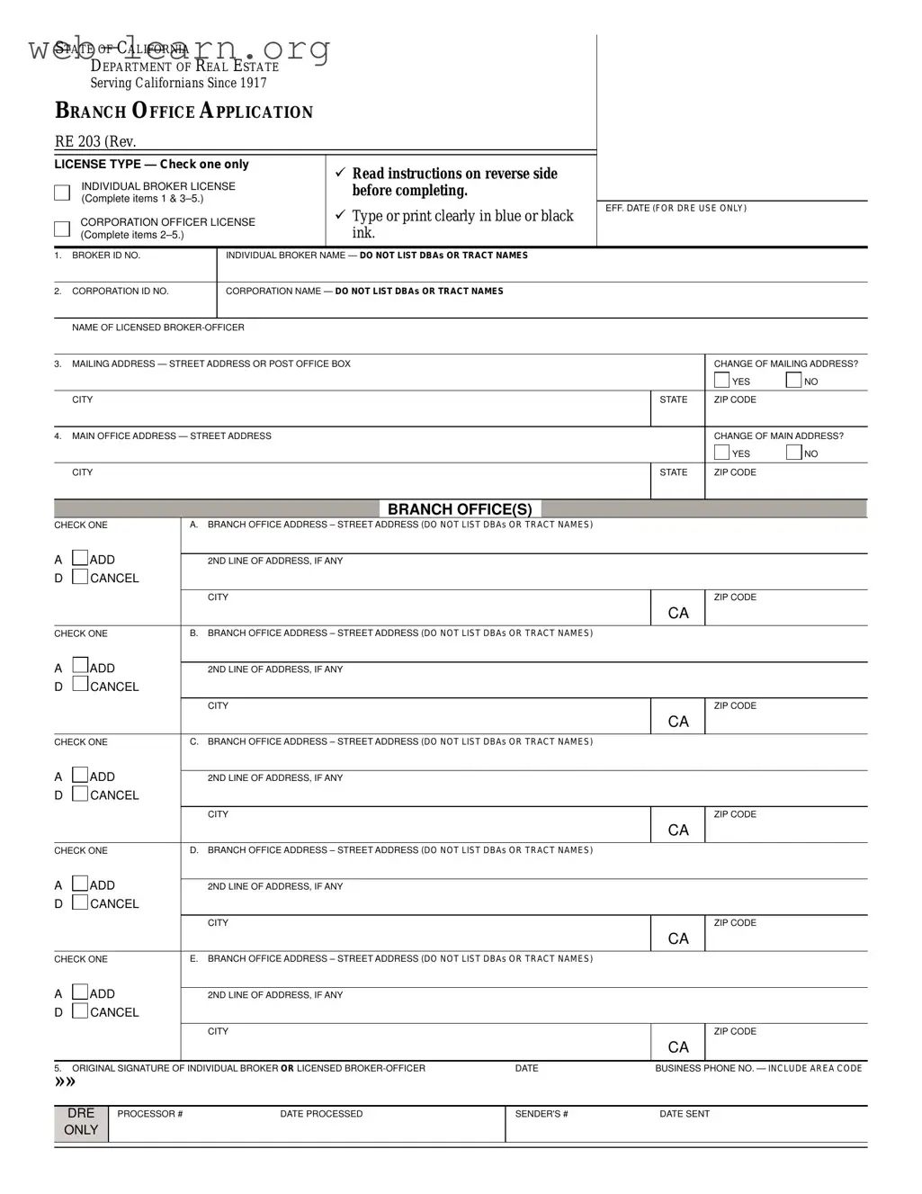 Blank California Re 203 Form