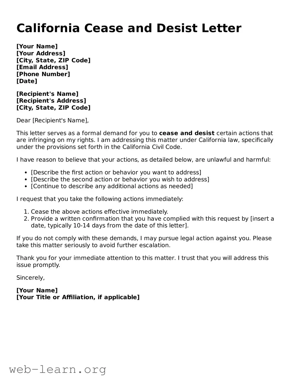 Attorney-Approved Cease and Desist Letter Document for the State of California