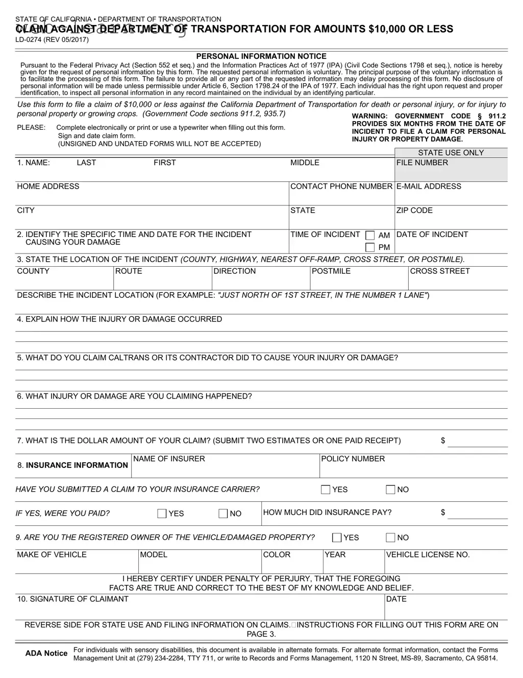 Blank Ld 0274 Form