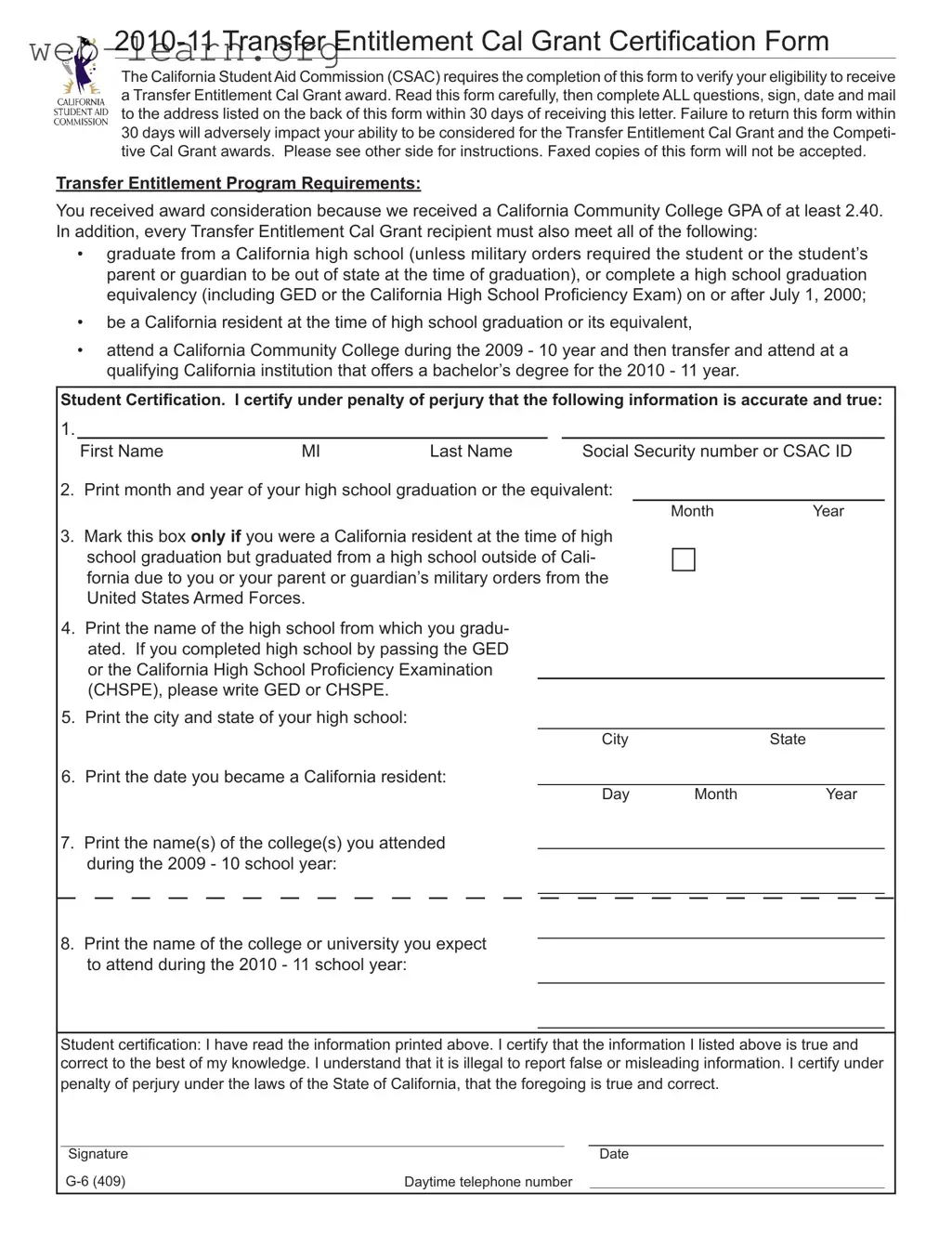 Blank California G 6 Form