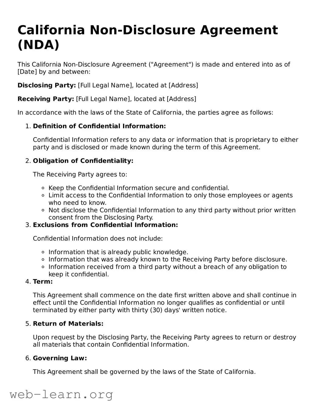 Attorney-Approved Non-disclosure Agreement Document for the State of California