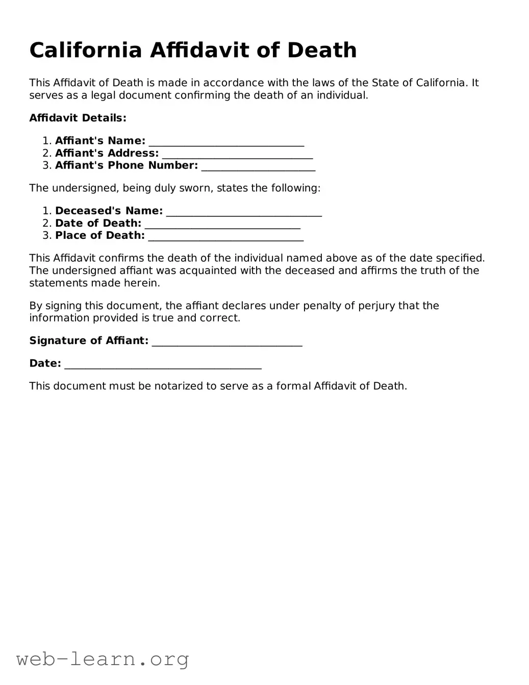 Attorney-Approved Affidavit of Death Document for the State of California