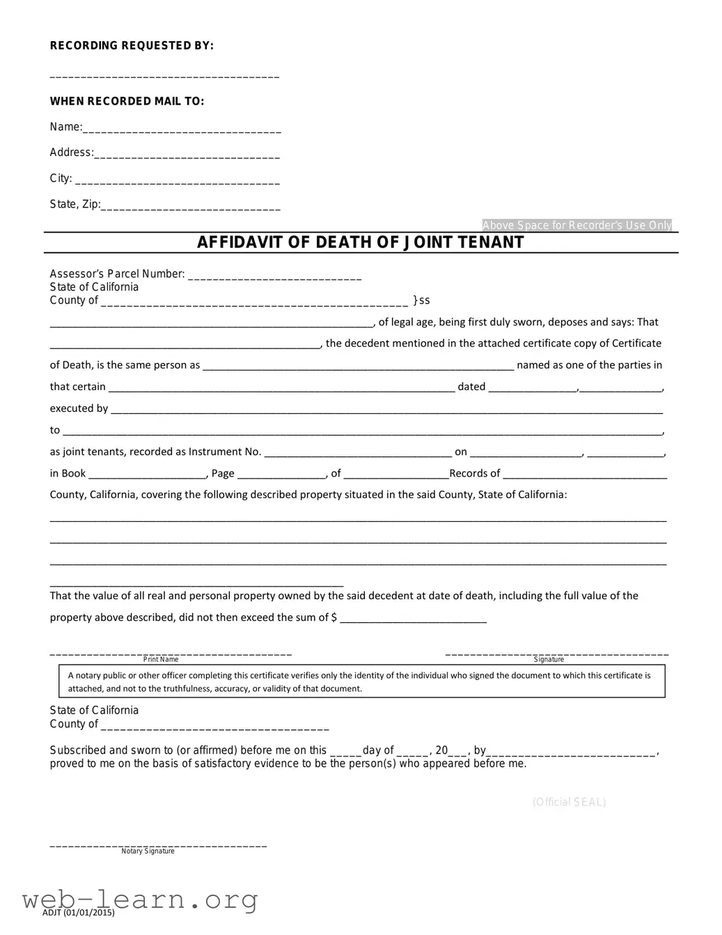 Blank California Death of a Joint Tenant Affidavit Form
