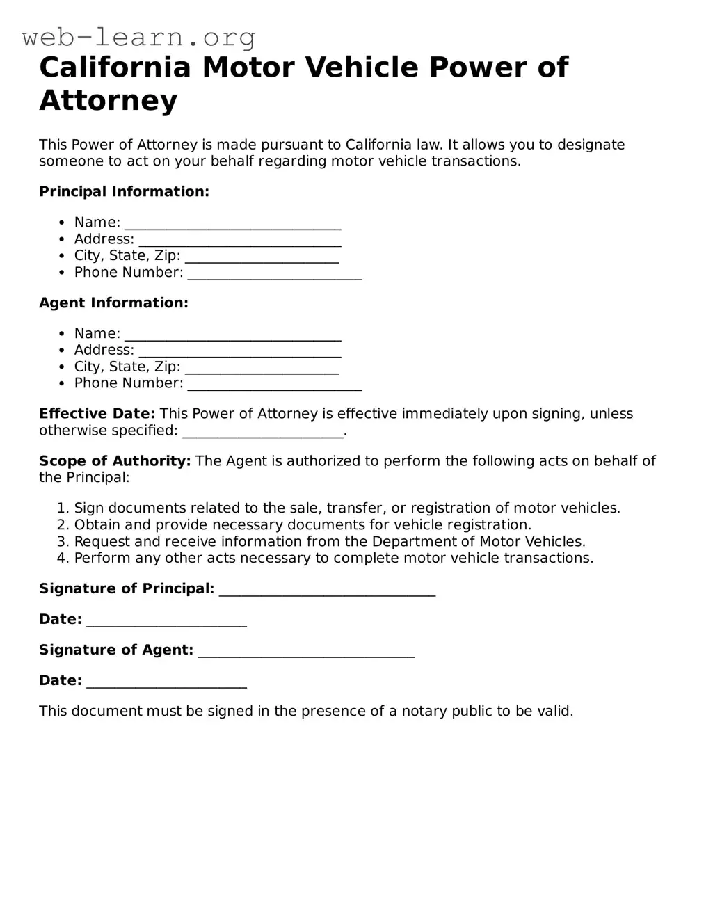 Attorney-Approved Motor Vehicle Power of Attorney Document for the State of California