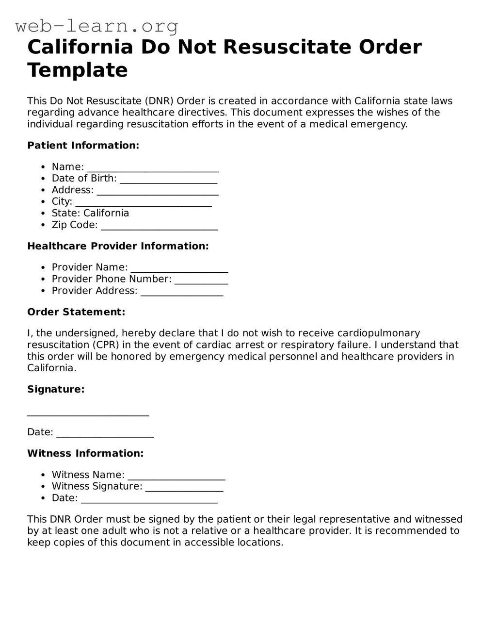 Attorney-Approved Do Not Resuscitate Order Document for the State of California