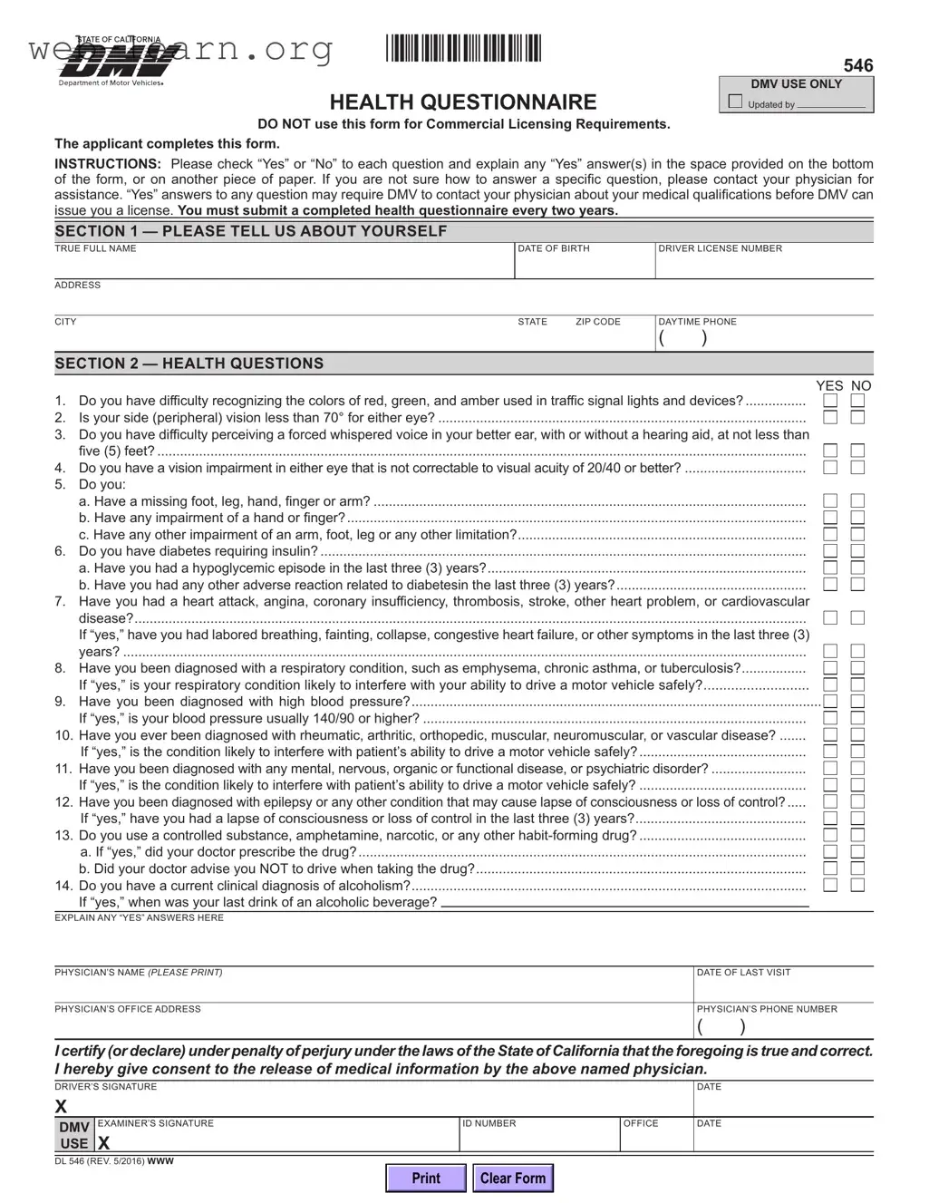 Blank California Dmv Dl 546 Form