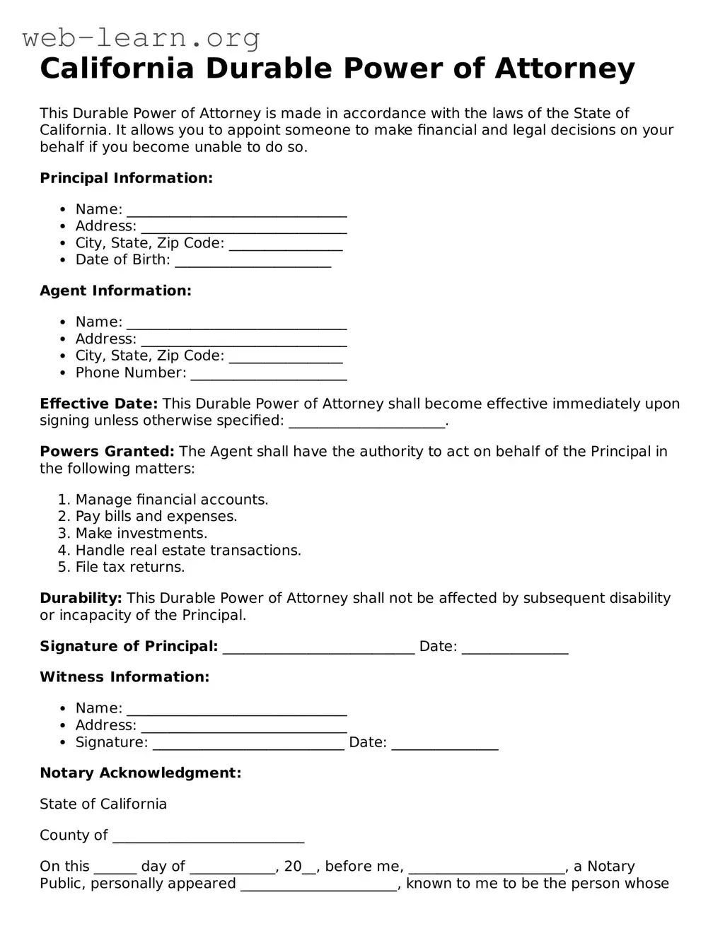 Attorney-Approved Durable Power of Attorney Document for the State of California