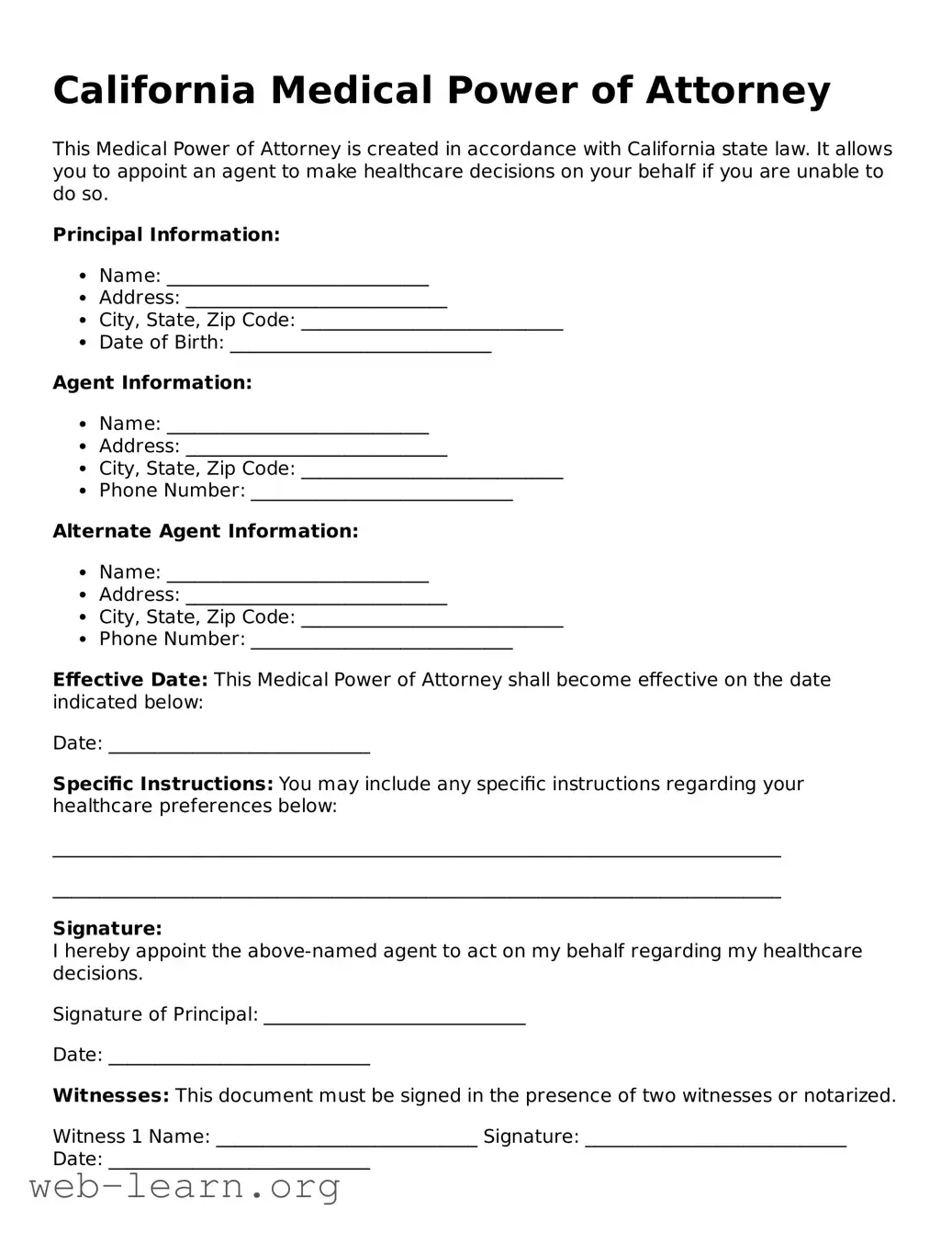 Attorney-Approved Medical Power of Attorney Document for the State of California