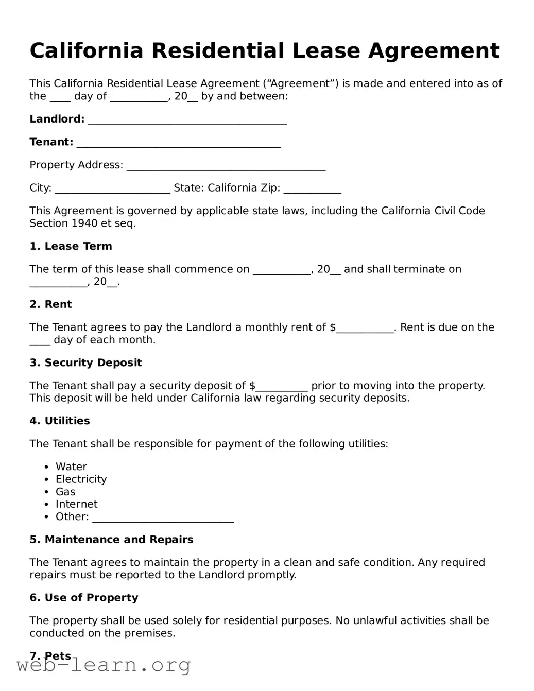 Attorney-Approved Residential Lease Agreement Document for the State of California