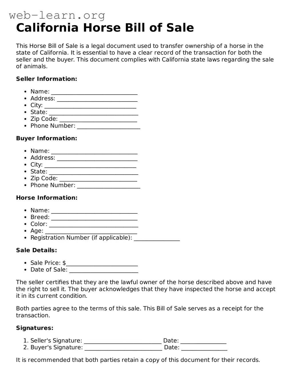 Attorney-Approved Horse Bill of Sale Document for the State of California