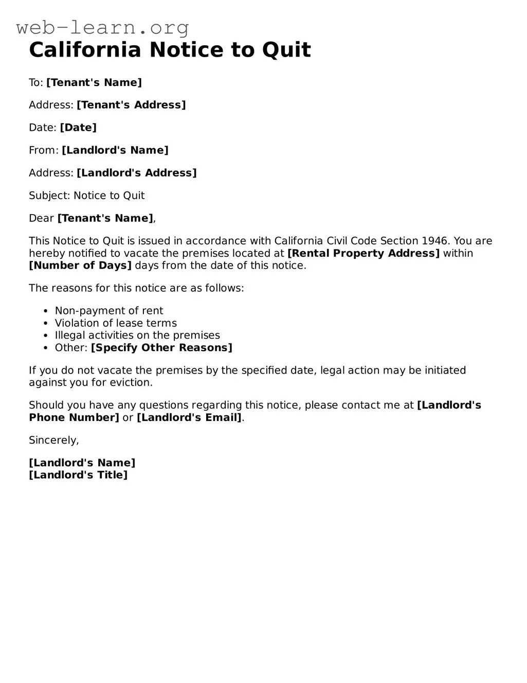 Attorney-Approved Notice to Quit Document for the State of California