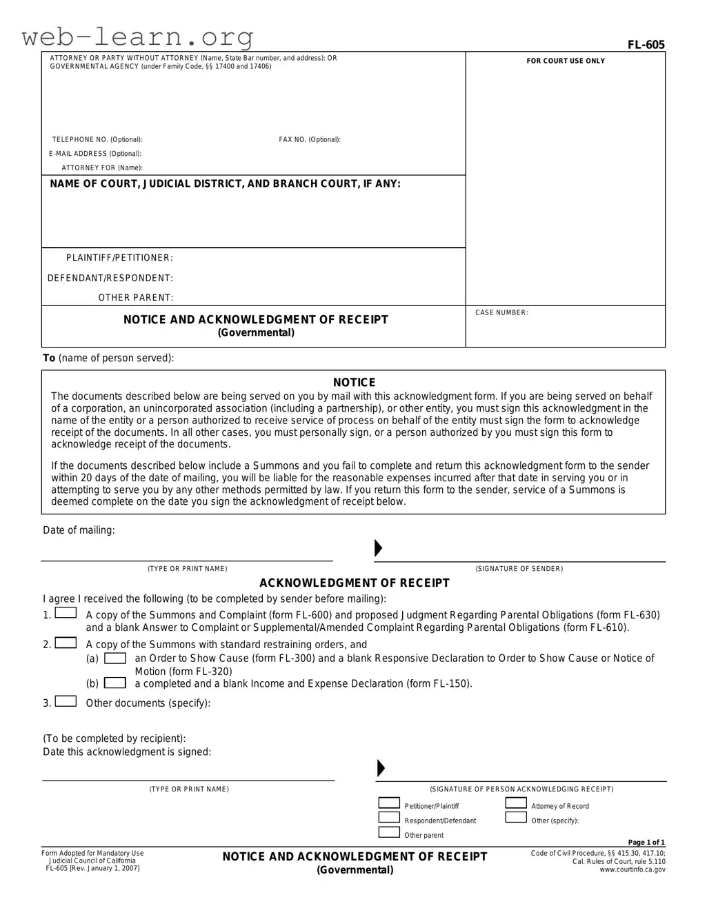 Blank California Fl 605 Form