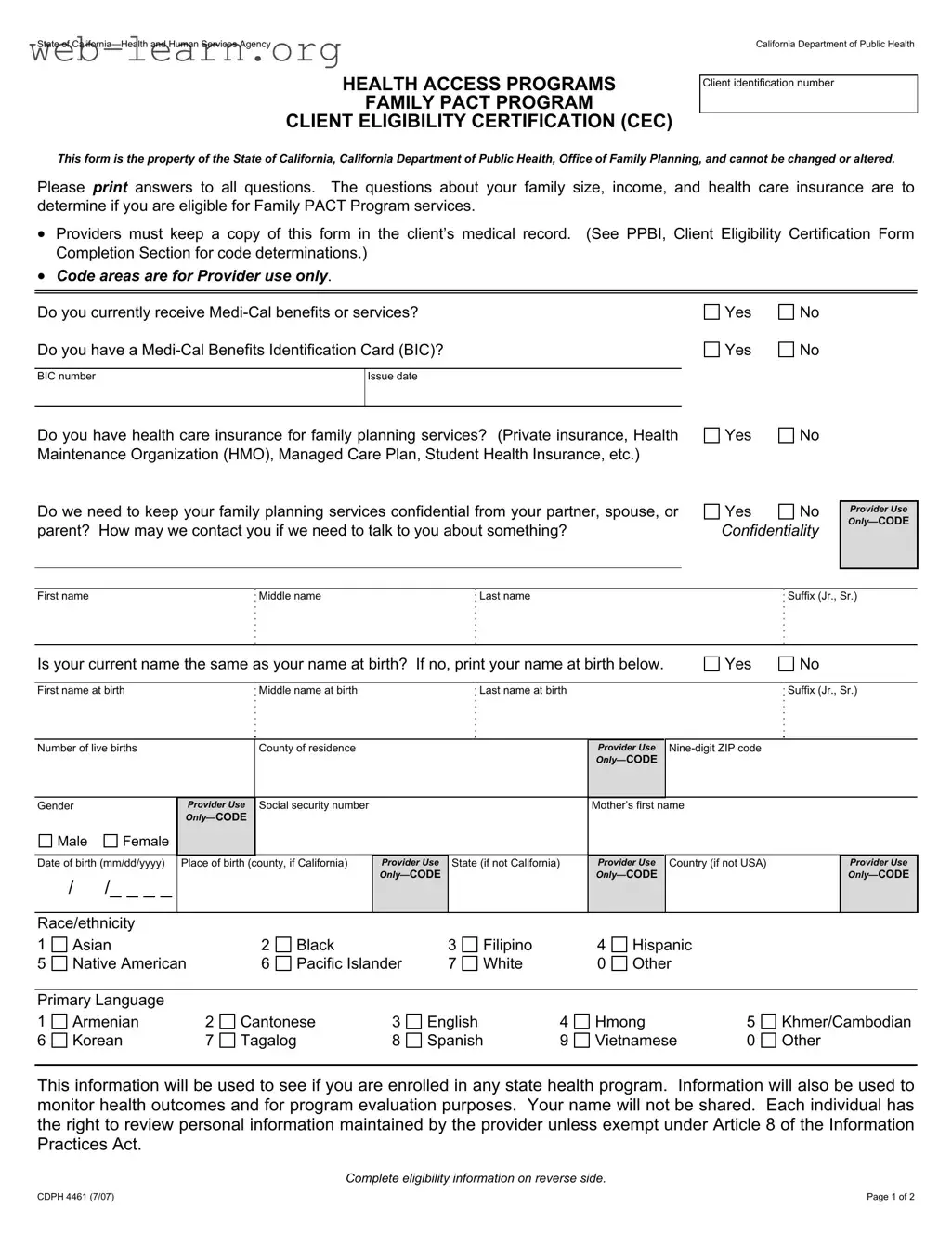 Blank California Cdph 4461 Form