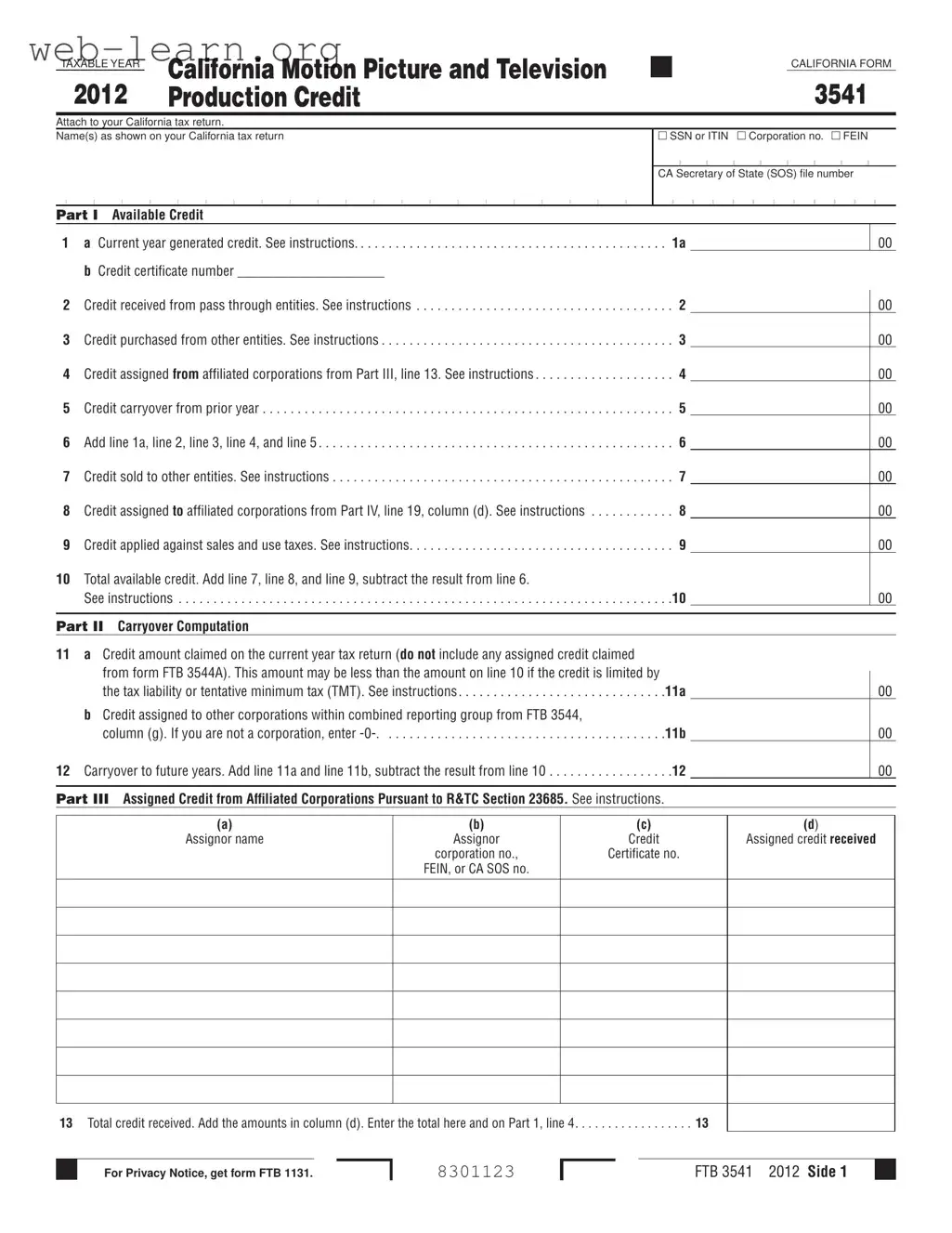 Blank California 3541 Form