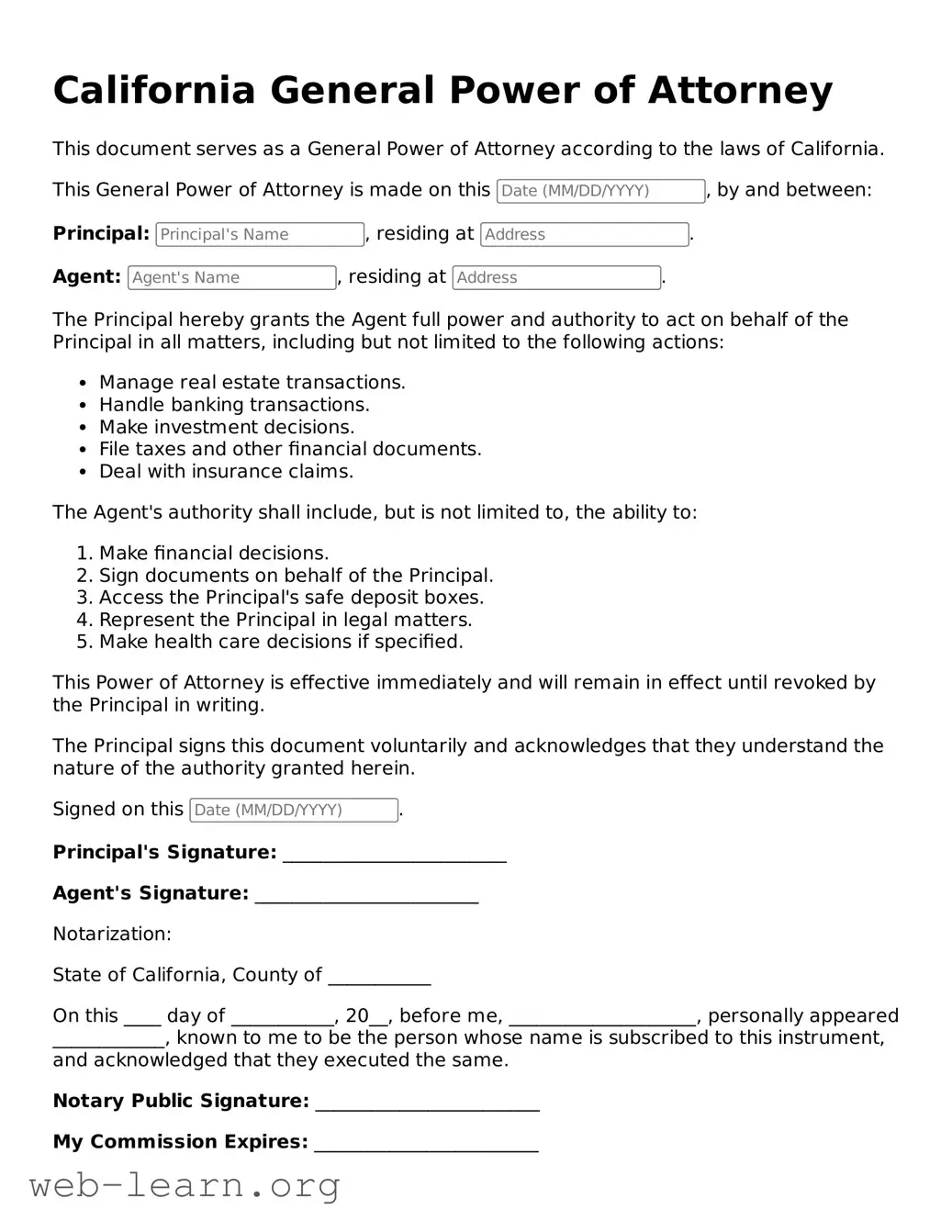 Attorney-Approved General Power of Attorney Document for the State of California