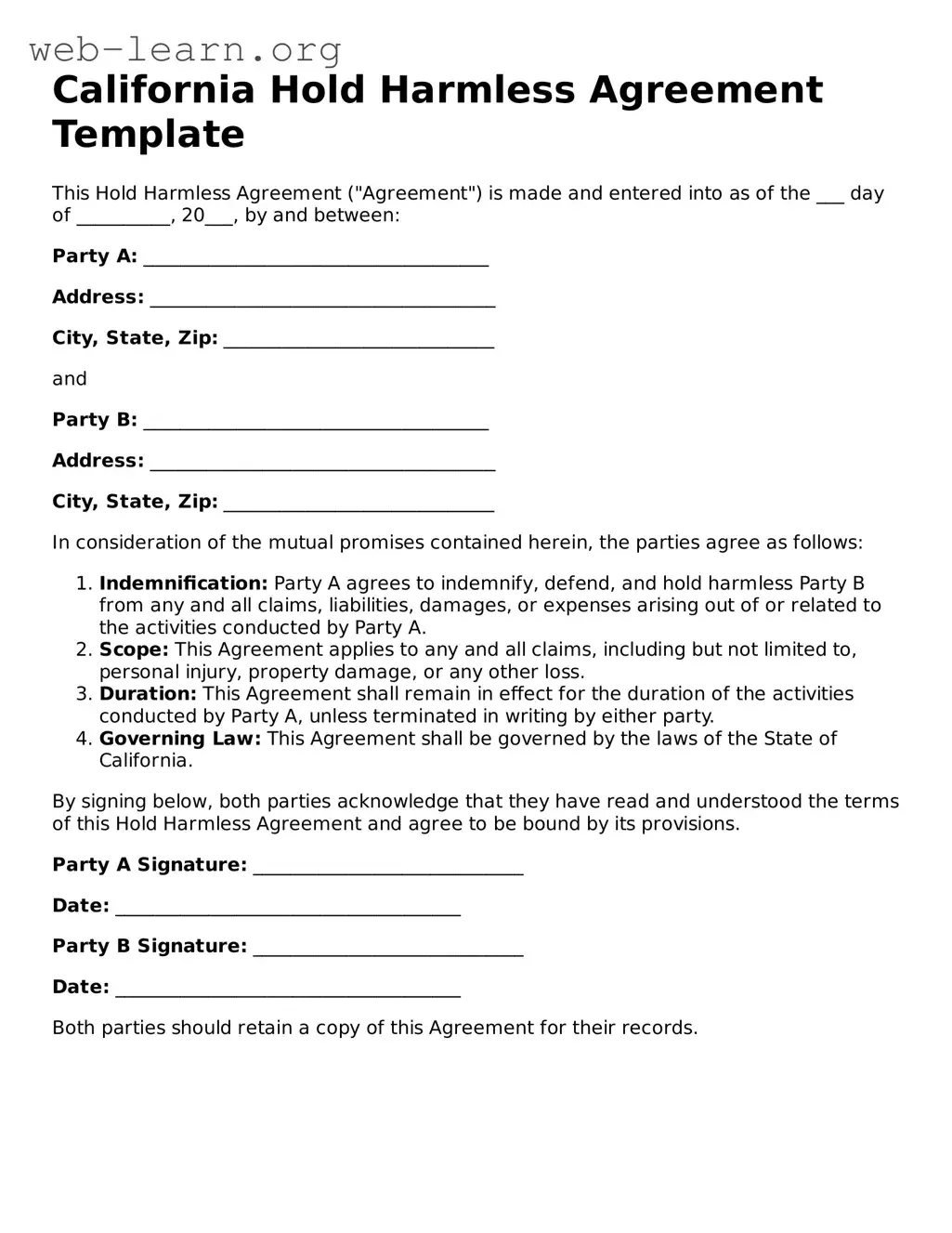 Attorney-Approved Hold Harmless Agreement Document for the State of California