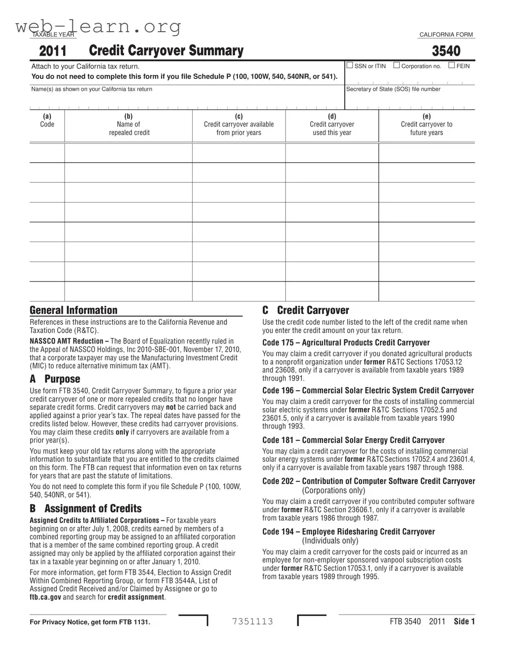 Blank California 3540 Form