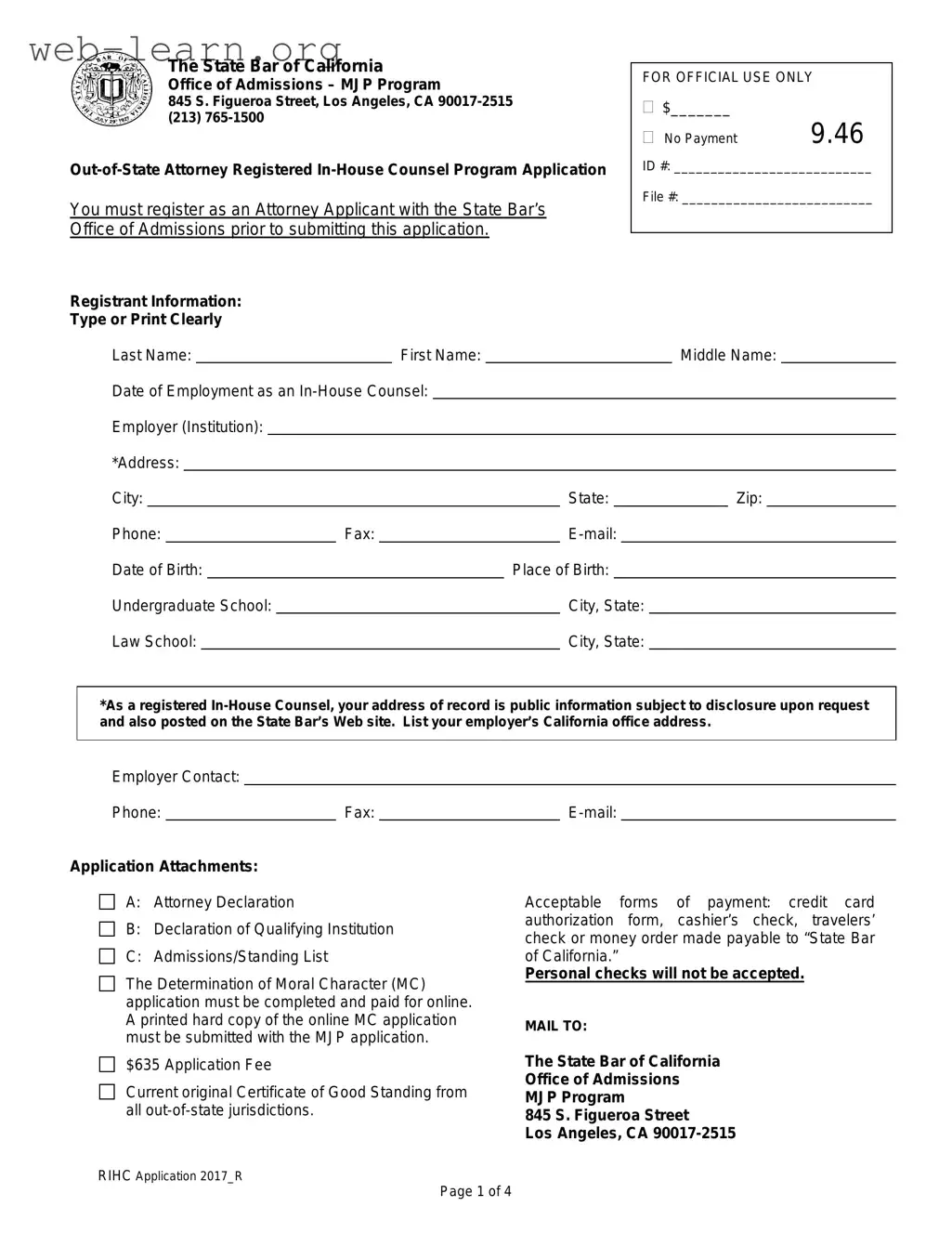 Blank California Application Registered In Counsel Form