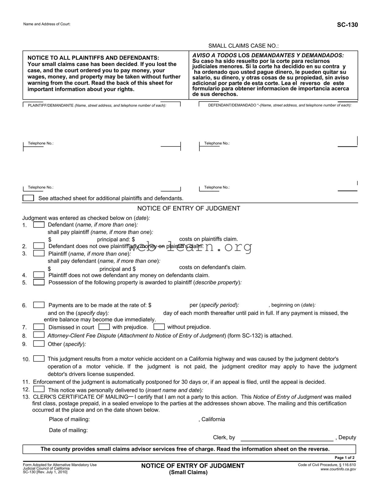Blank Sc 130 California Form