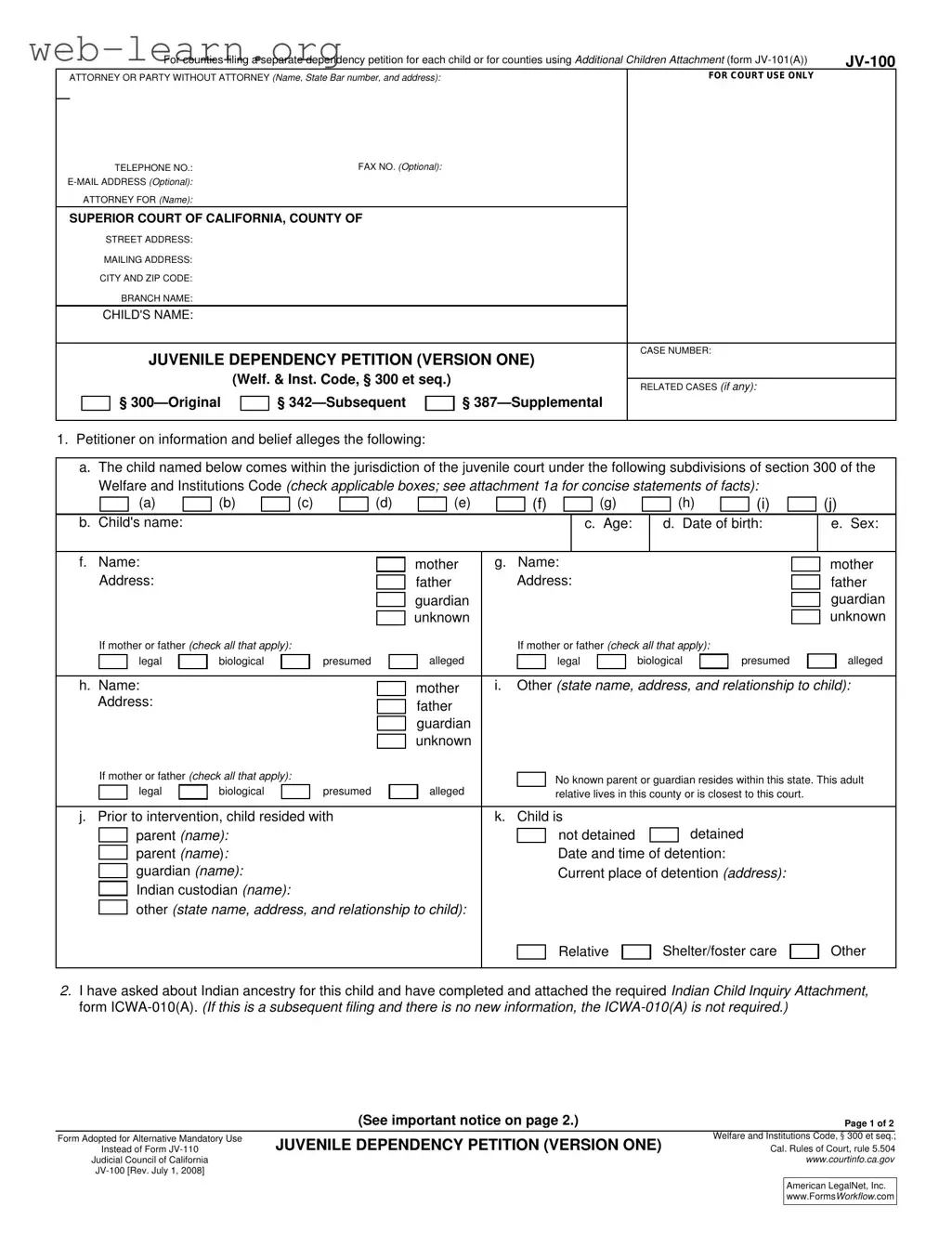 Blank California Jv 100 Form