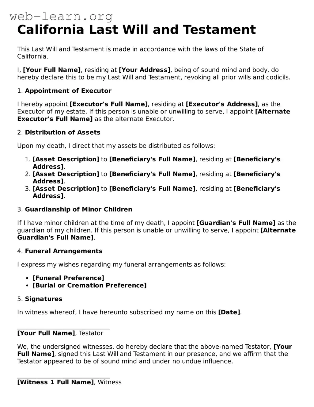 Attorney-Approved Last Will and Testament Document for the State of California