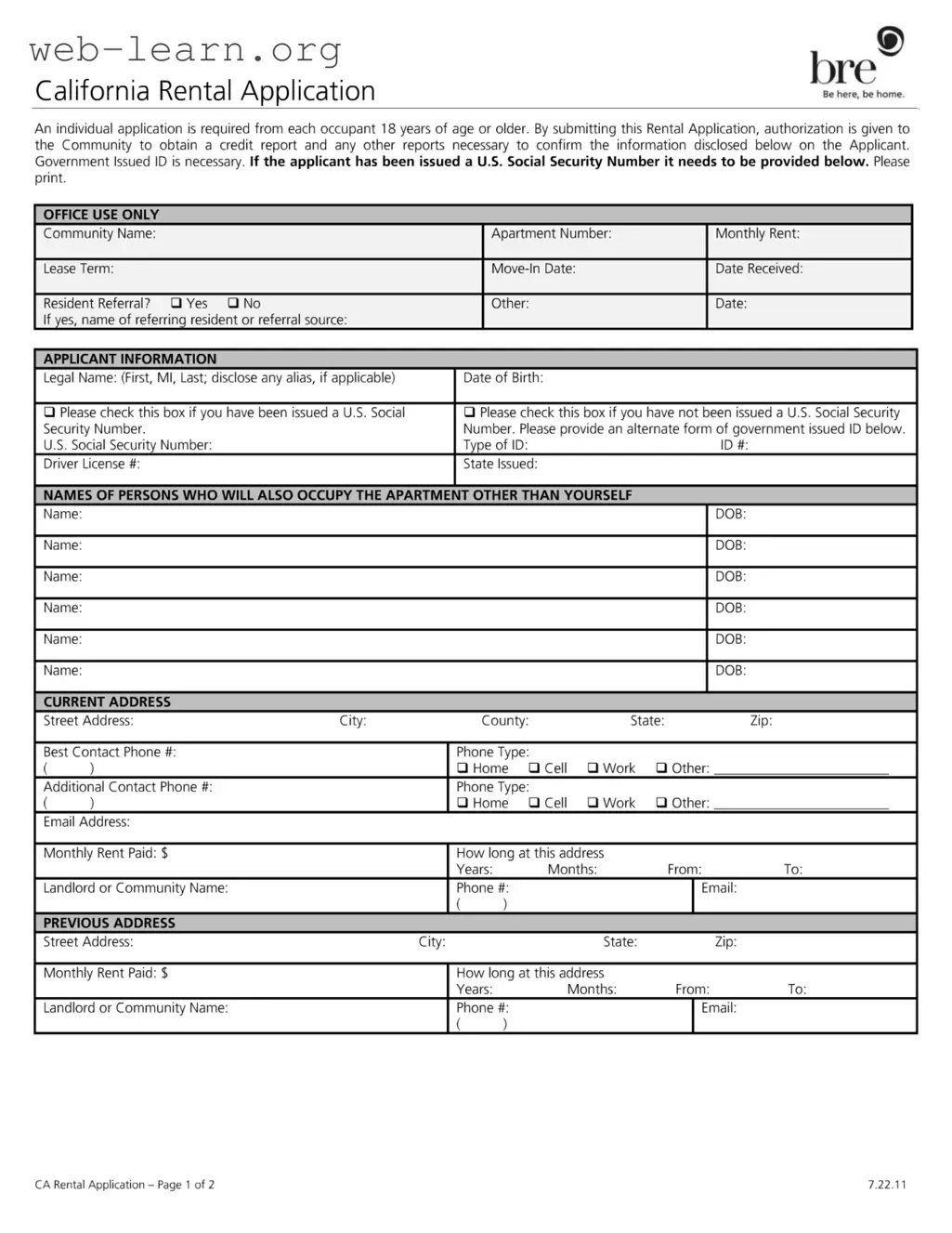 Blank California Rental Application Form