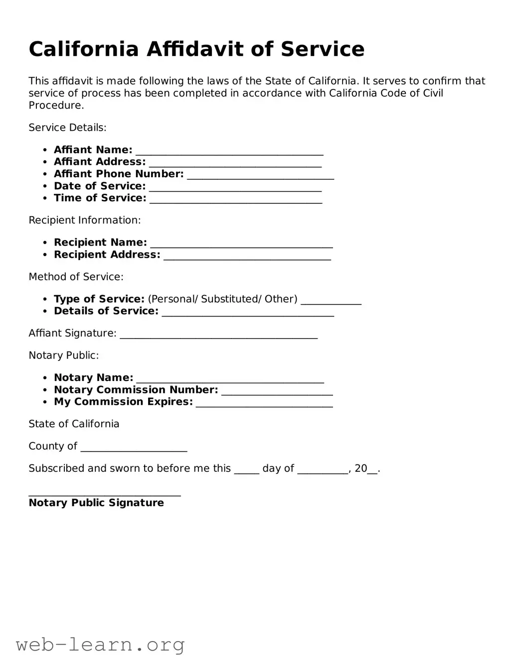 Attorney-Approved Affidavit of Service Document for the State of California