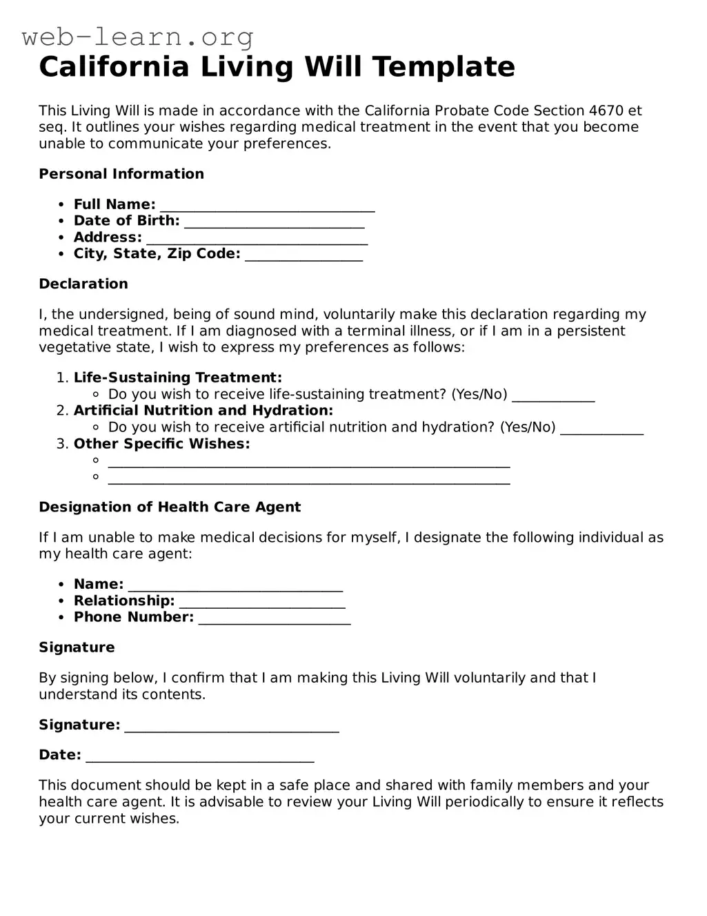 Attorney-Approved Living Will Document for the State of California