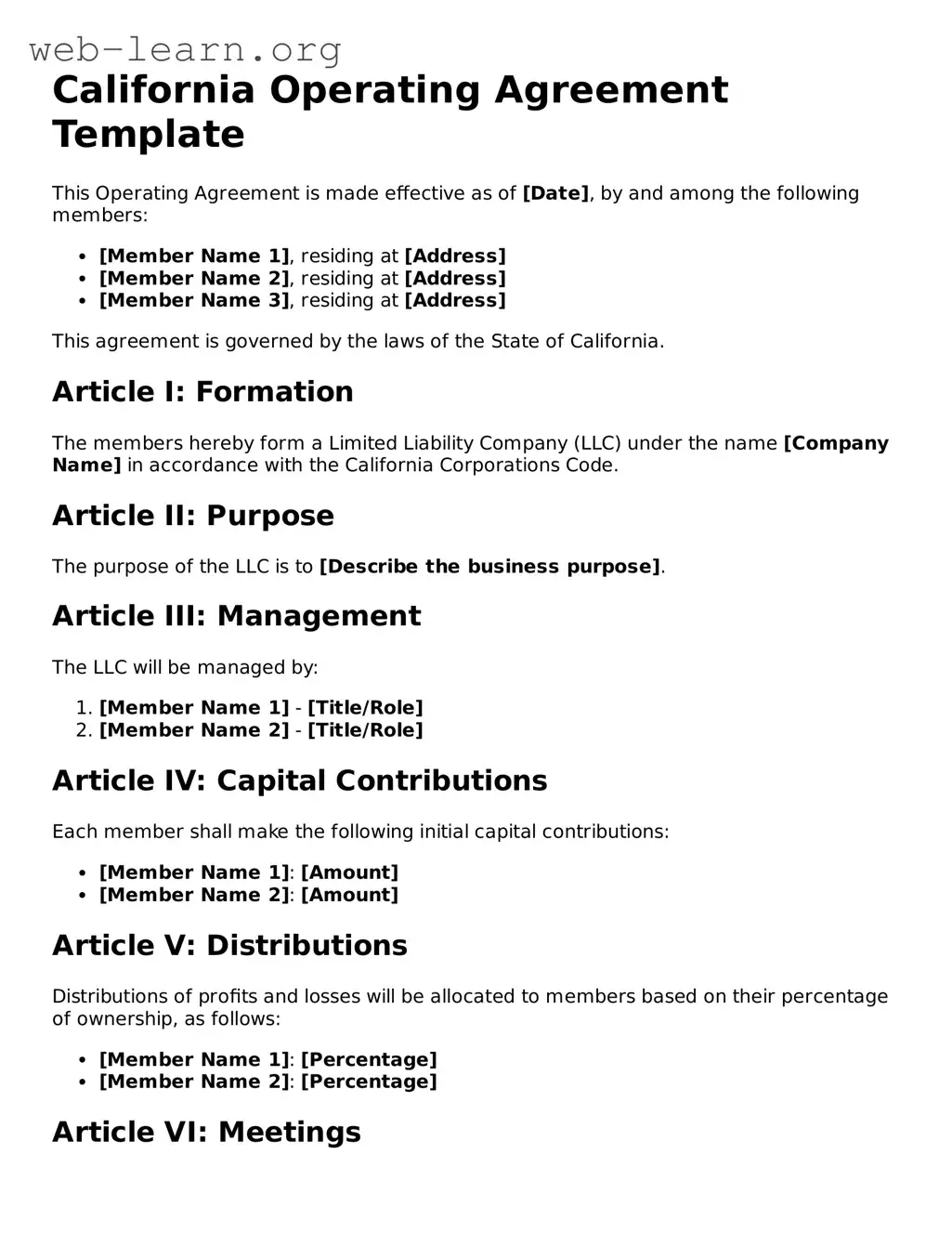 Attorney-Approved Operating Agreement Document for the State of California