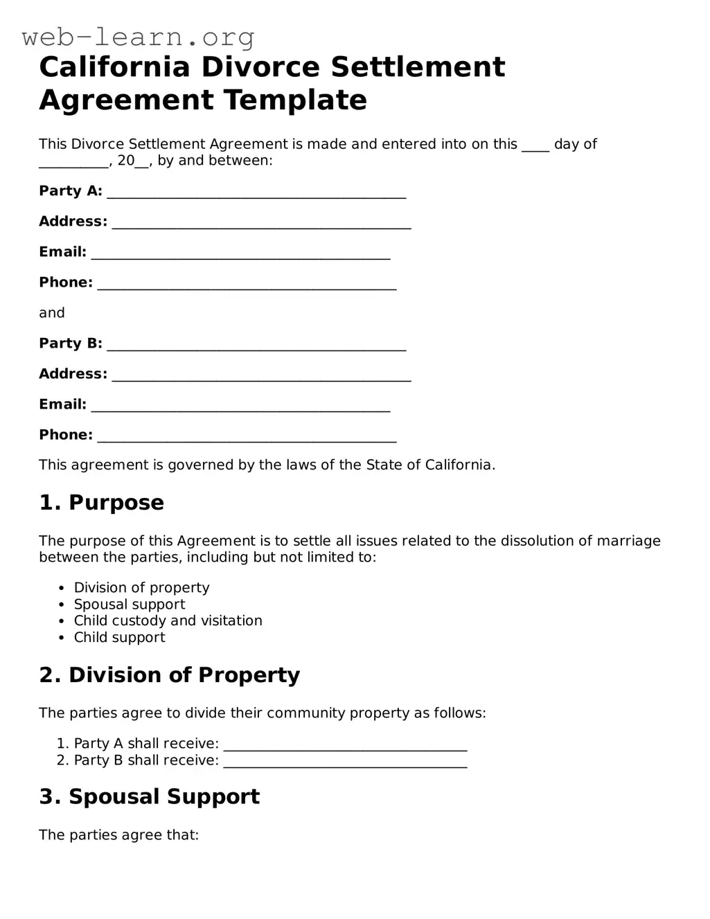 Attorney-Approved Divorce Settlement Agreement Document for the State of California