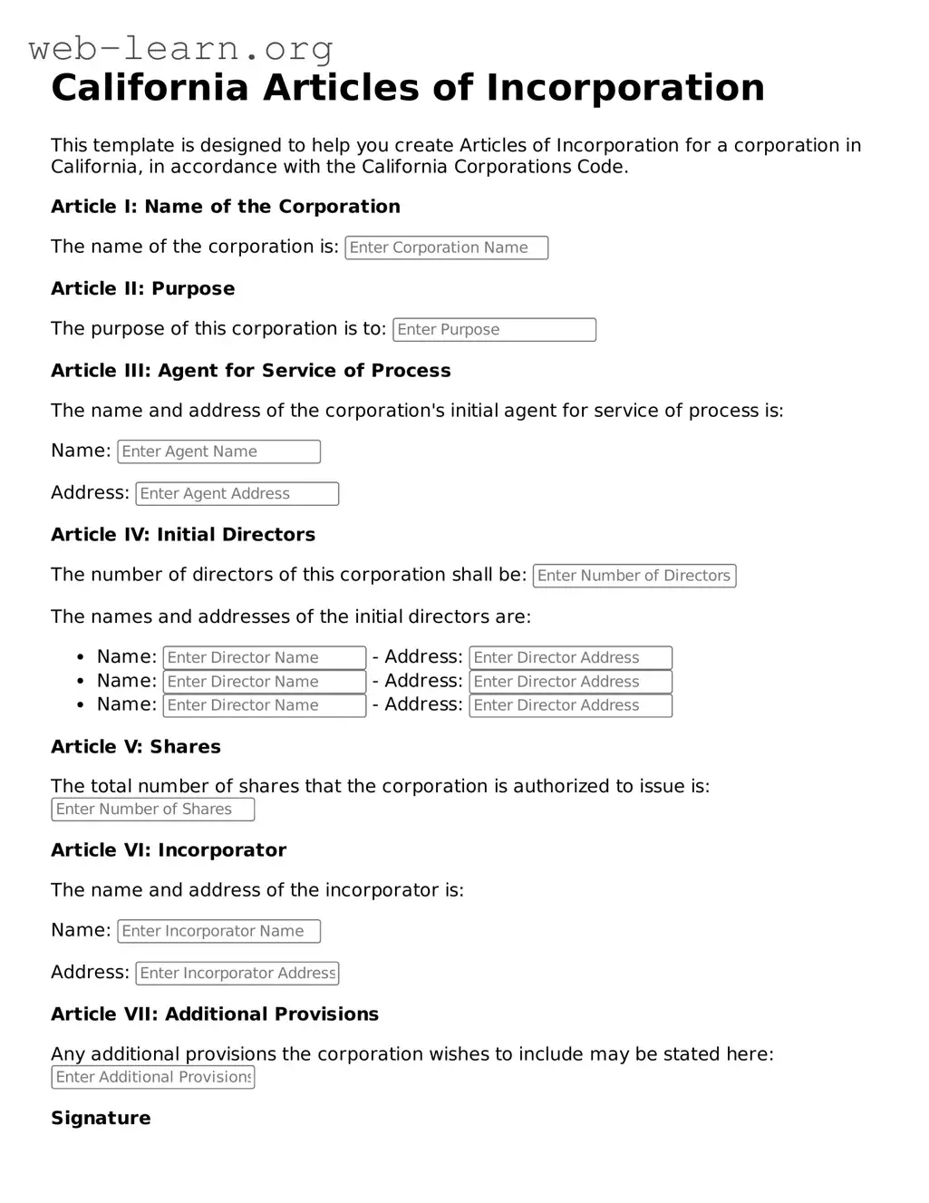 Attorney-Approved Articles of Incorporation Document for the State of California