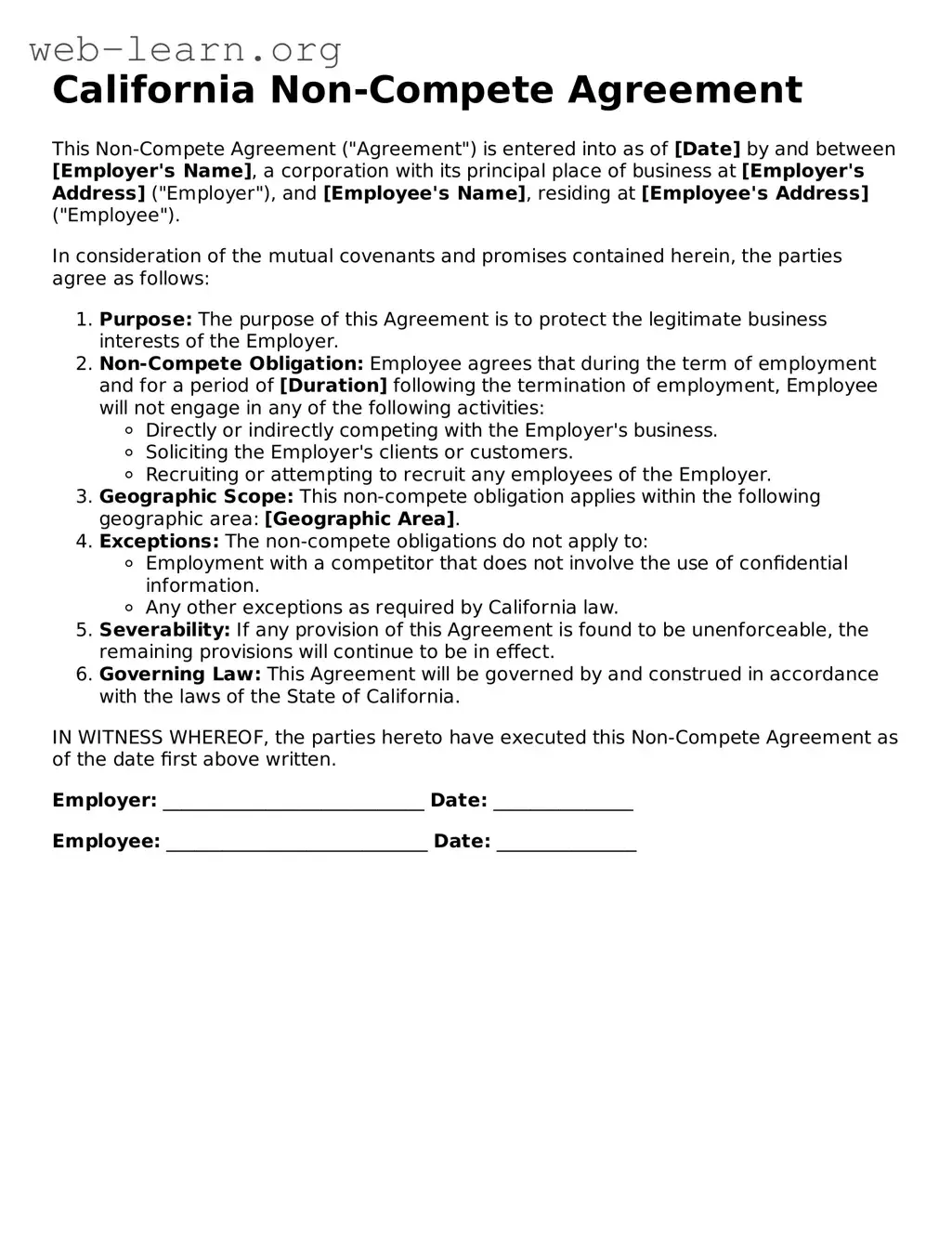 Attorney-Approved Non-compete Agreement Document for the State of California