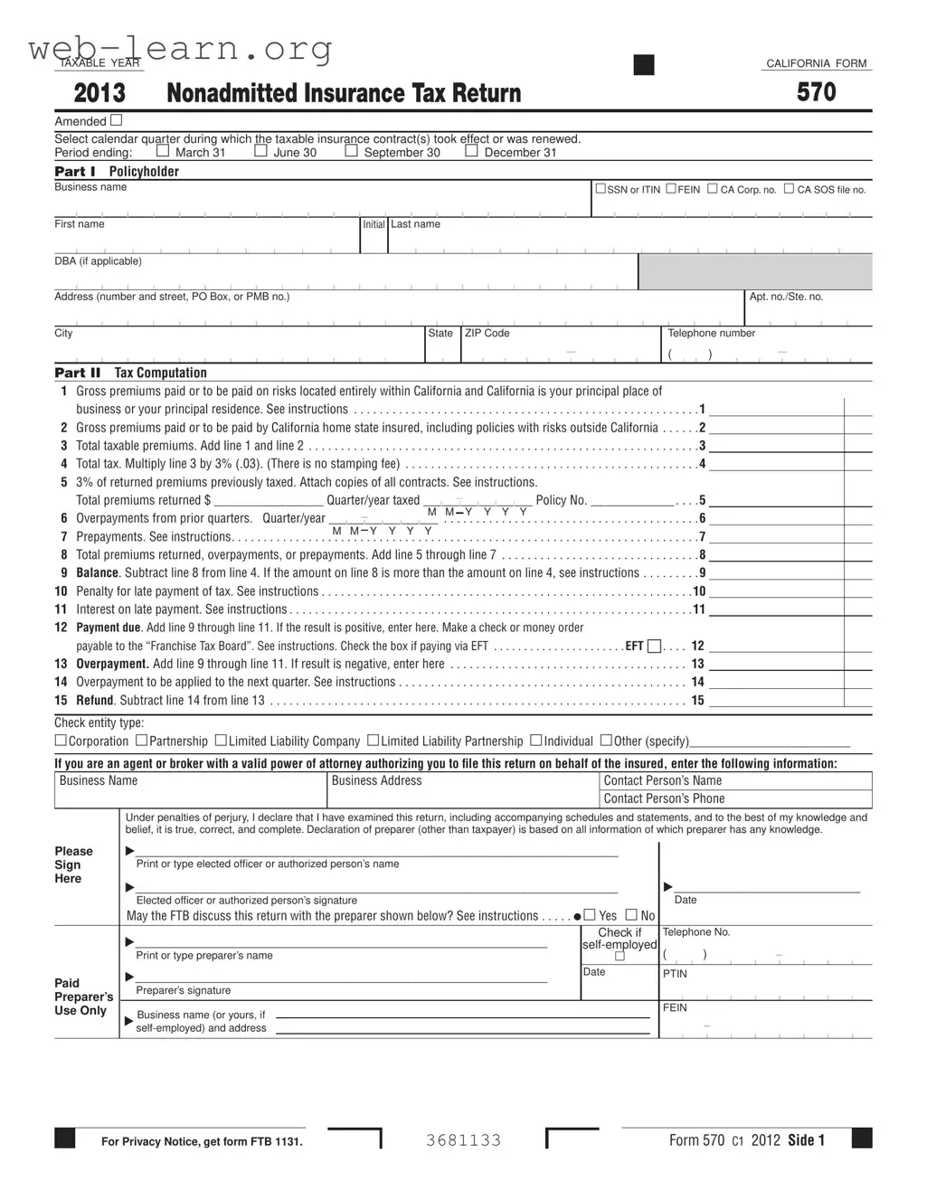 Blank California 570 Form