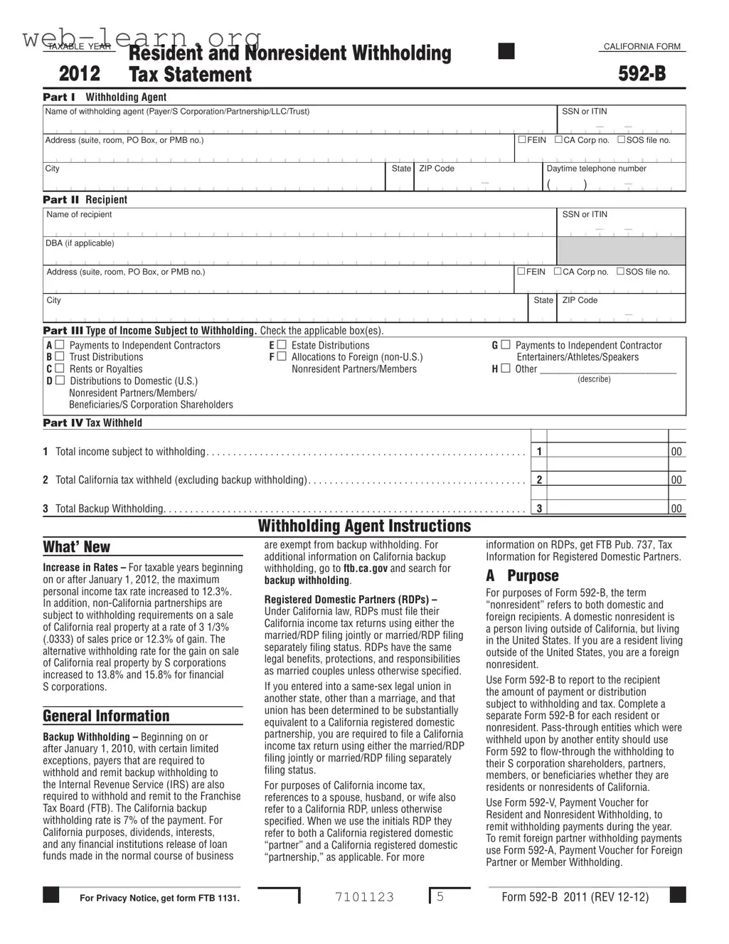Blank California 592 B Form