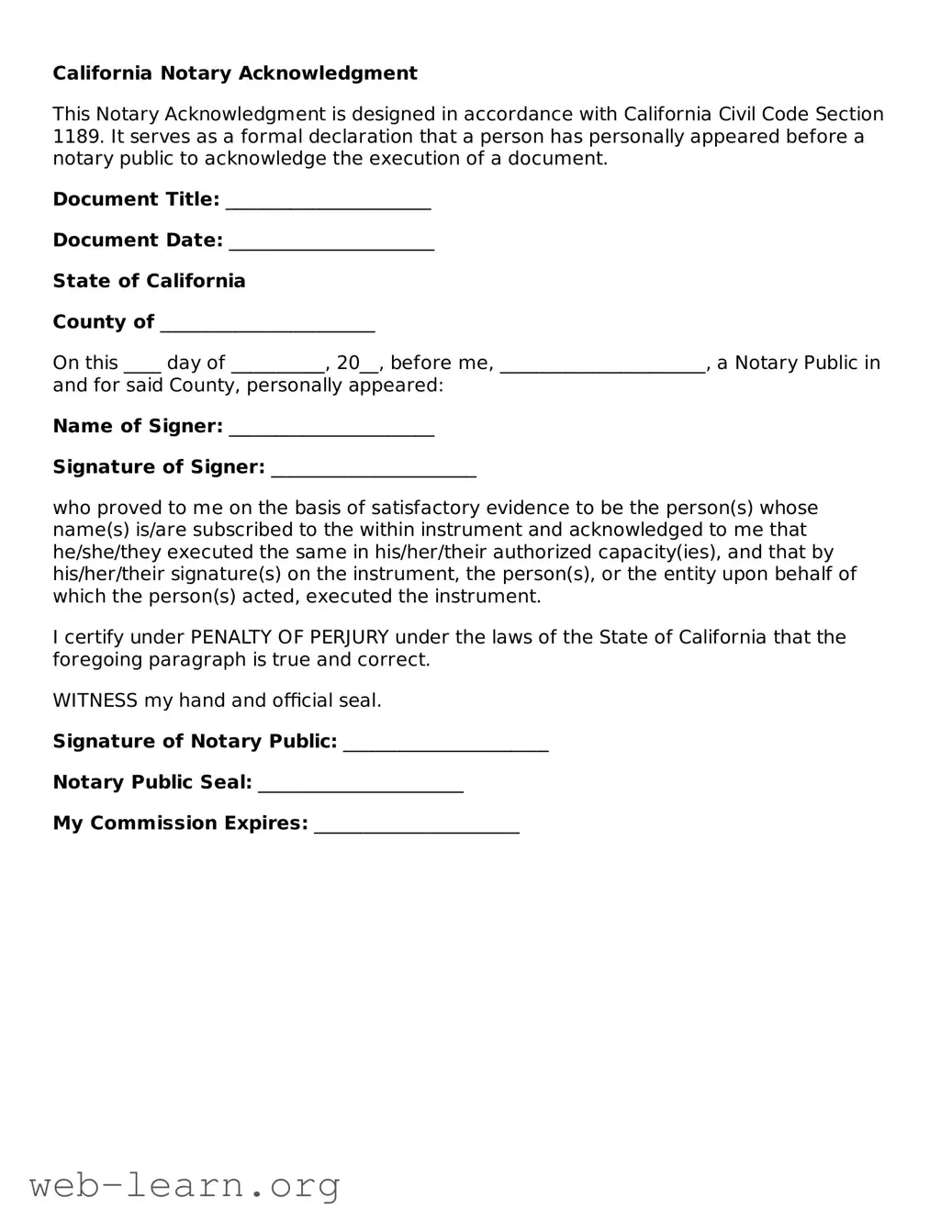 Attorney-Approved Notary Acknowledgement Document for the State of California