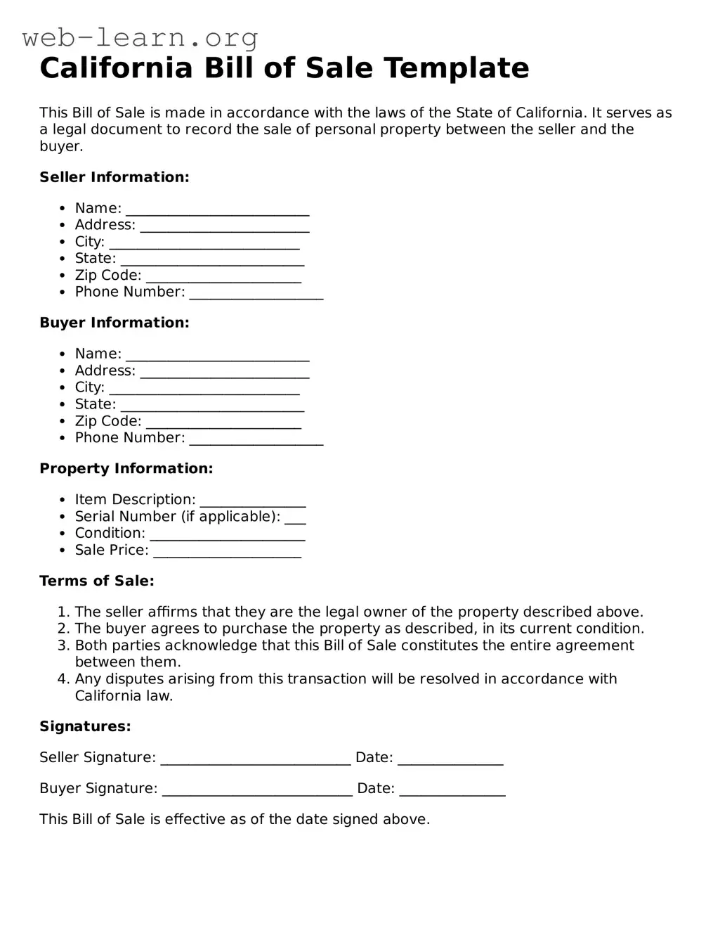 Attorney-Approved Bill of Sale Document for the State of California
